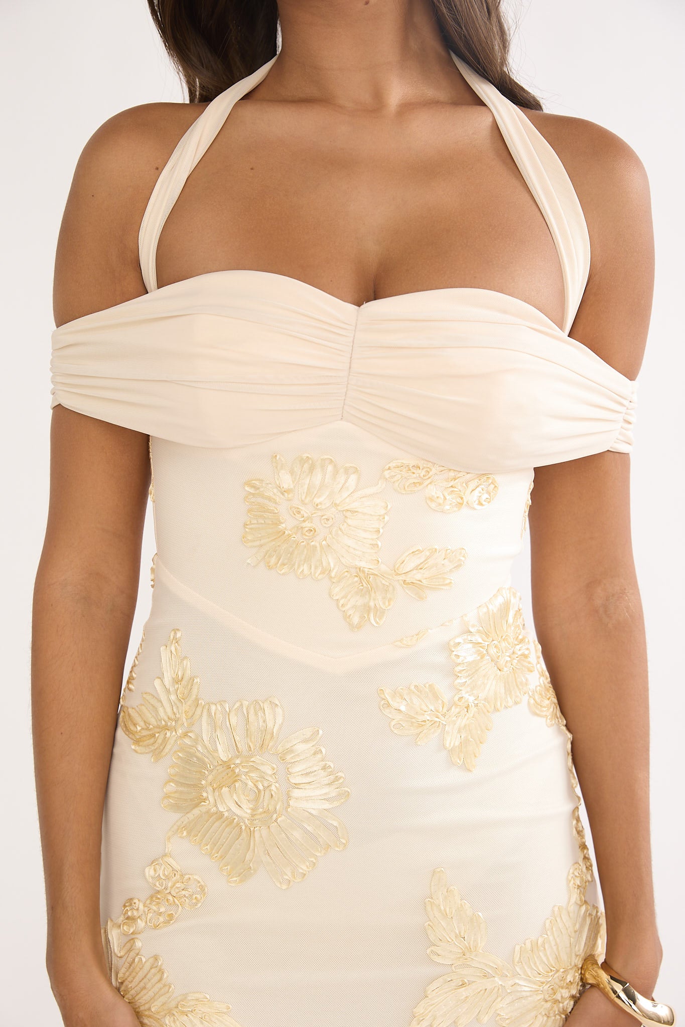 Fleurie Halter Off-Shoulder Maxi Dress Embellished Yellow by Selfie Leslie