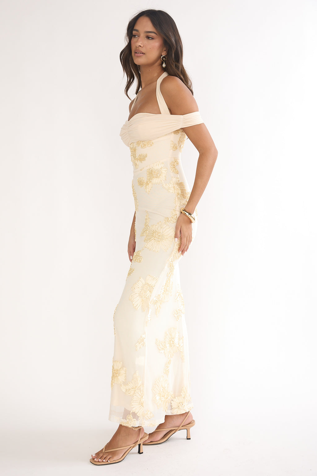 Fleurie Halter Off-Shoulder Maxi Dress Embellished Yellow by Selfie Leslie