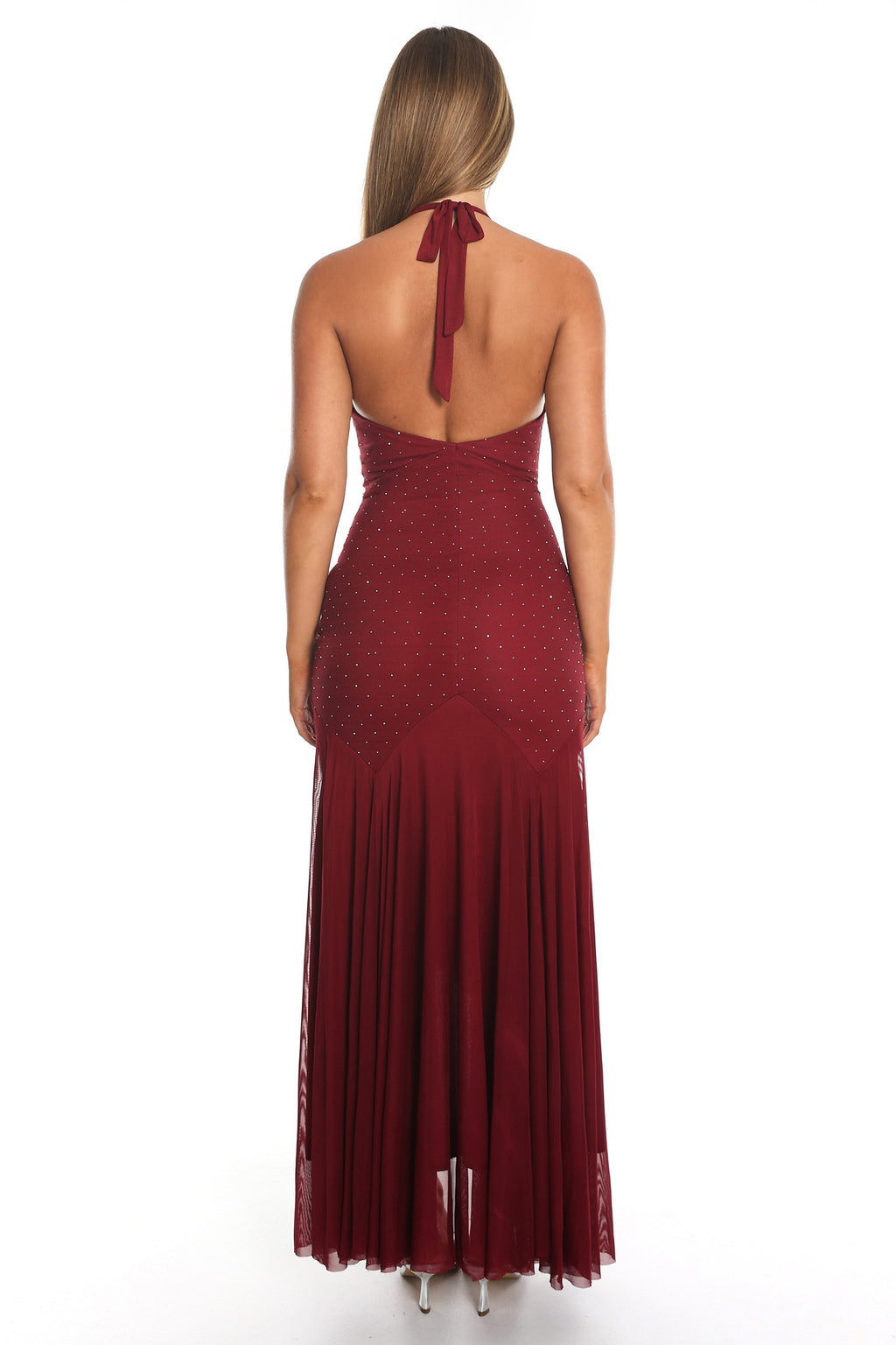 Endira Halter Sheer Hem Midi Dress Burgundy