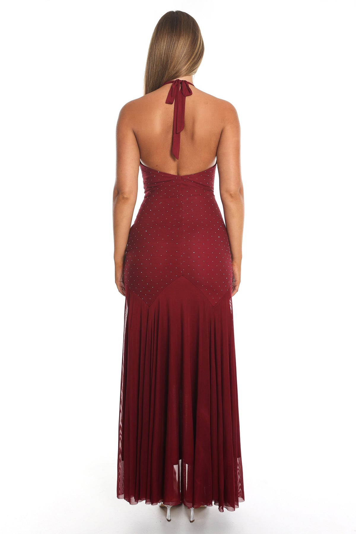 Endira Halter Sheer Hem Midi Dress Burgundy
