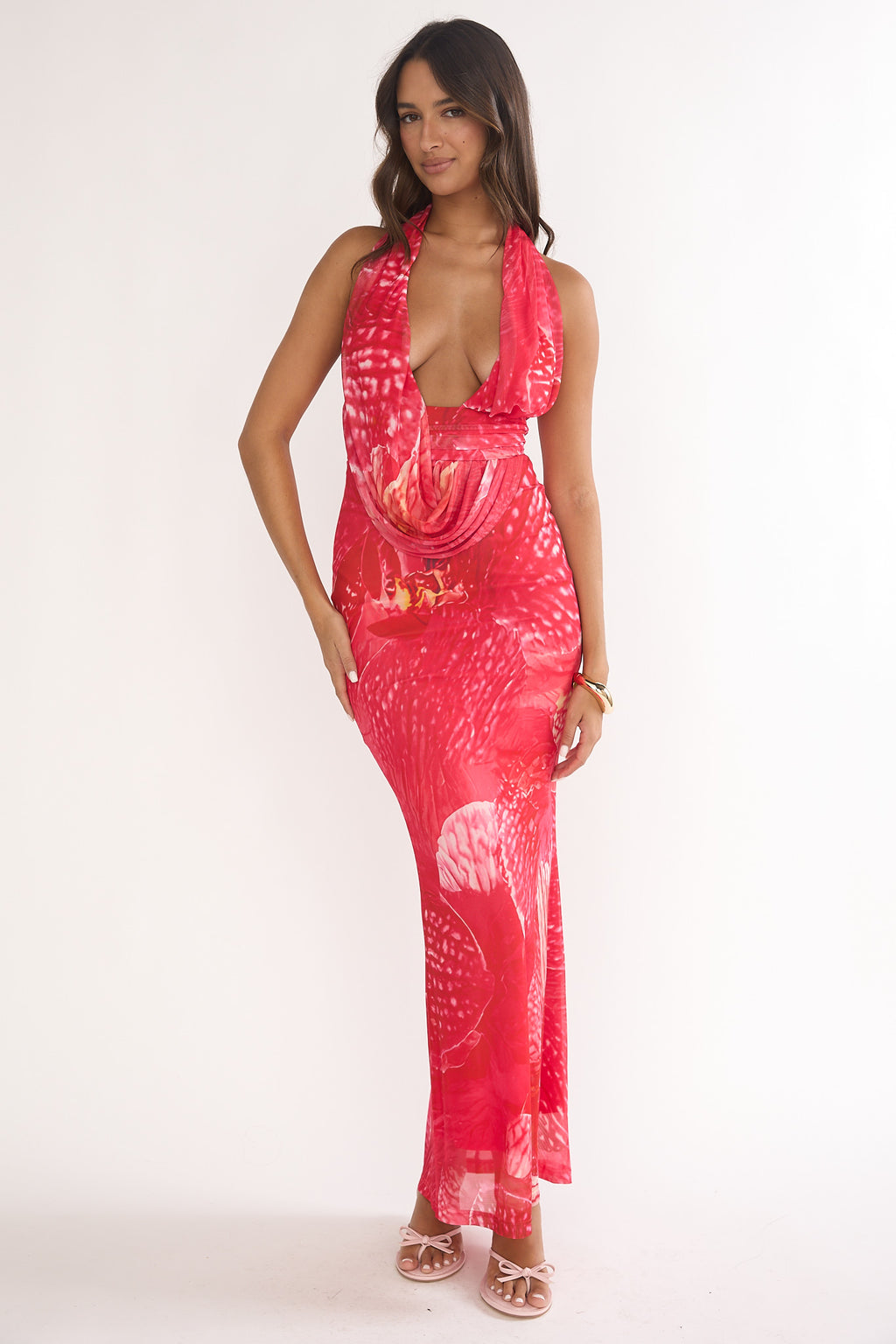 Everra Halterneck Drape Maxi Dress Print Red by Selfie Leslie