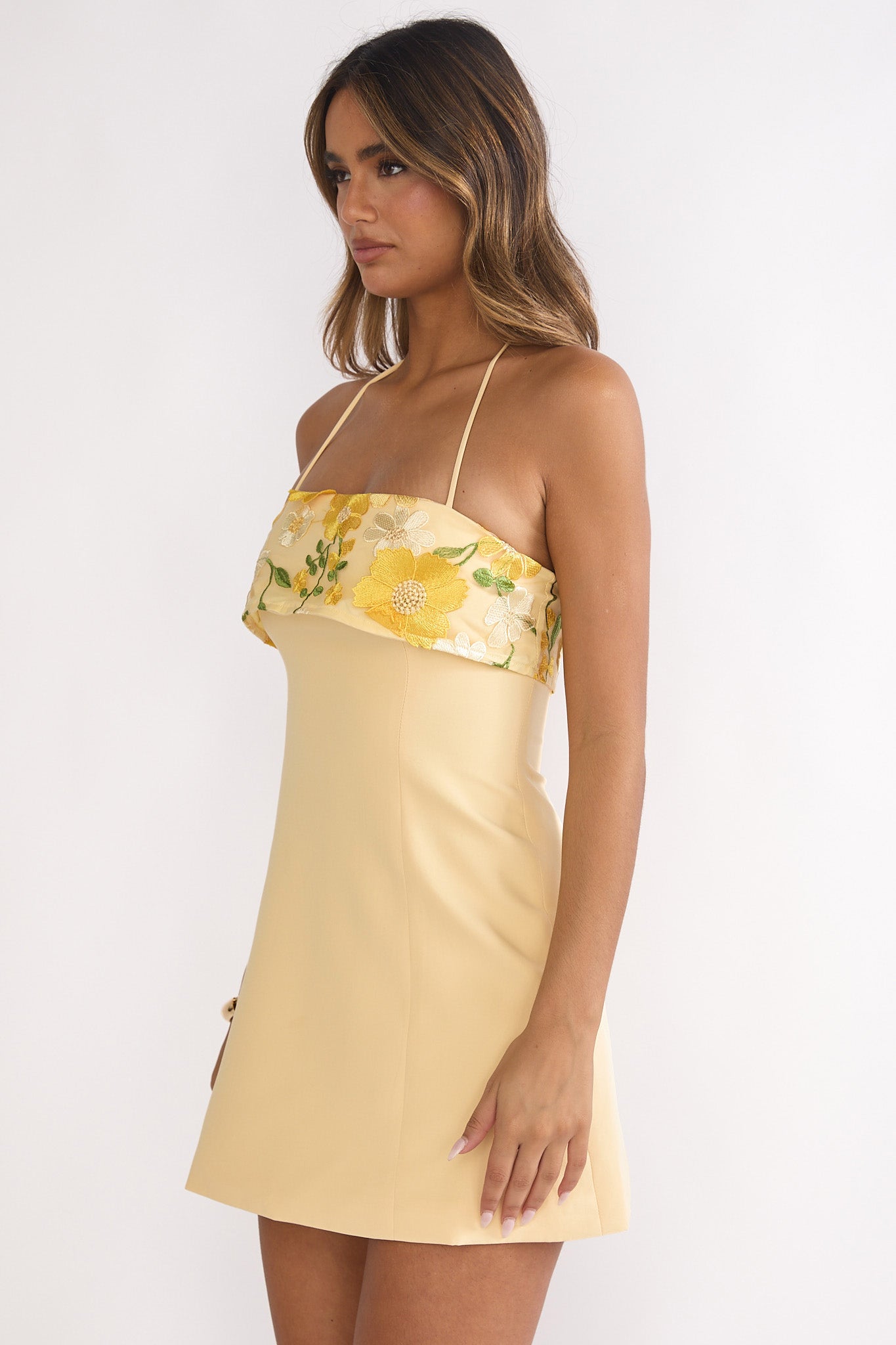 Sunbeam Kiss Foldover Floral Bust Mini Dress Butter by Selfie Leslie