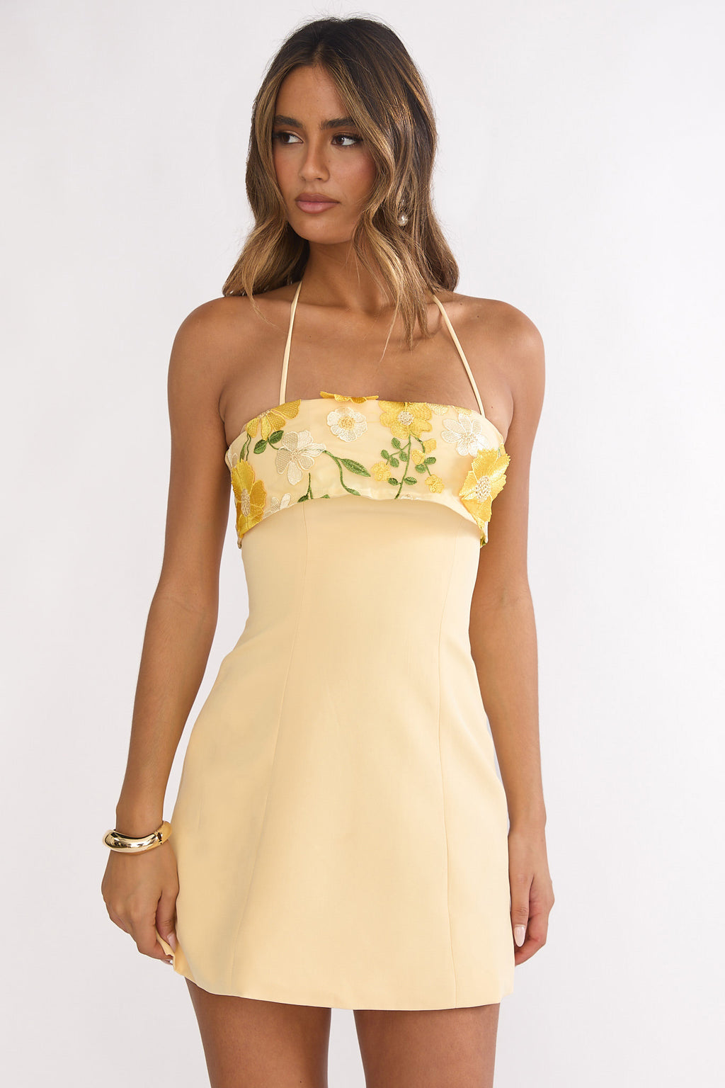 Sunbeam Kiss Foldover Floral Bust Mini Dress Butter by Selfie Leslie