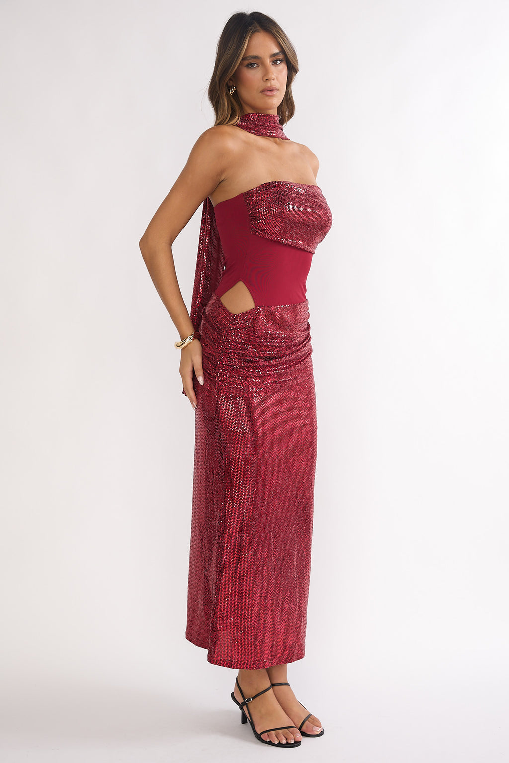 Seraphinna Strapless Cut-Out Maxi Dress Sequin Red by Selfie Leslie