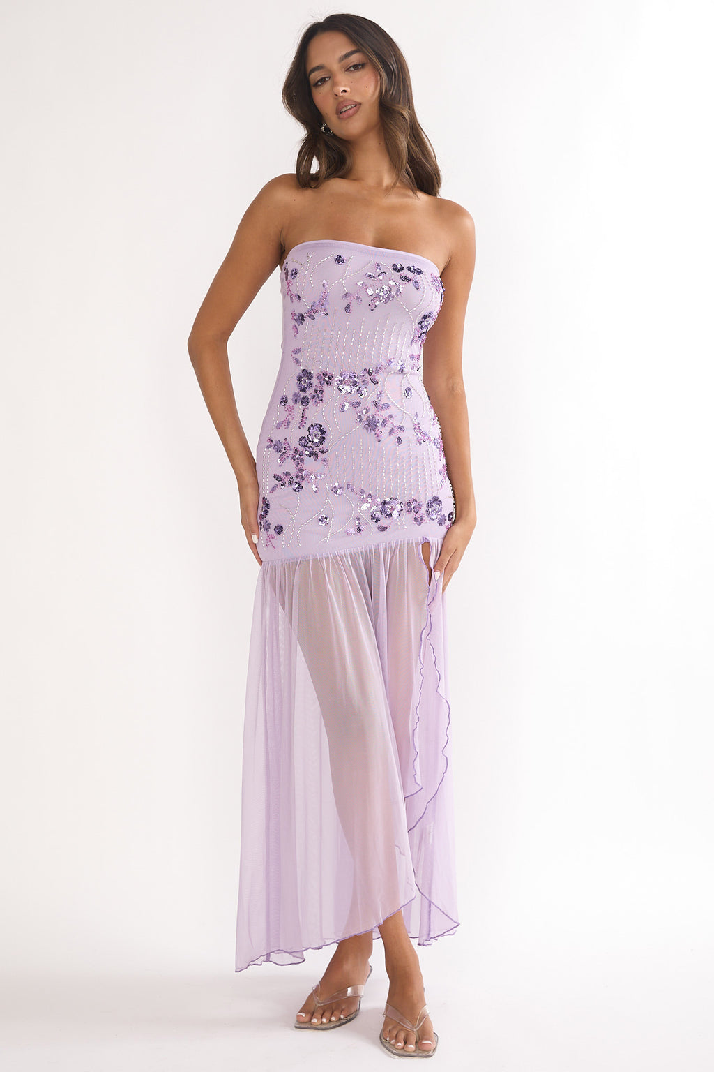 Jezra Strapless Sequin Embellished Maxi Dress Purple by Selfie Leslie
