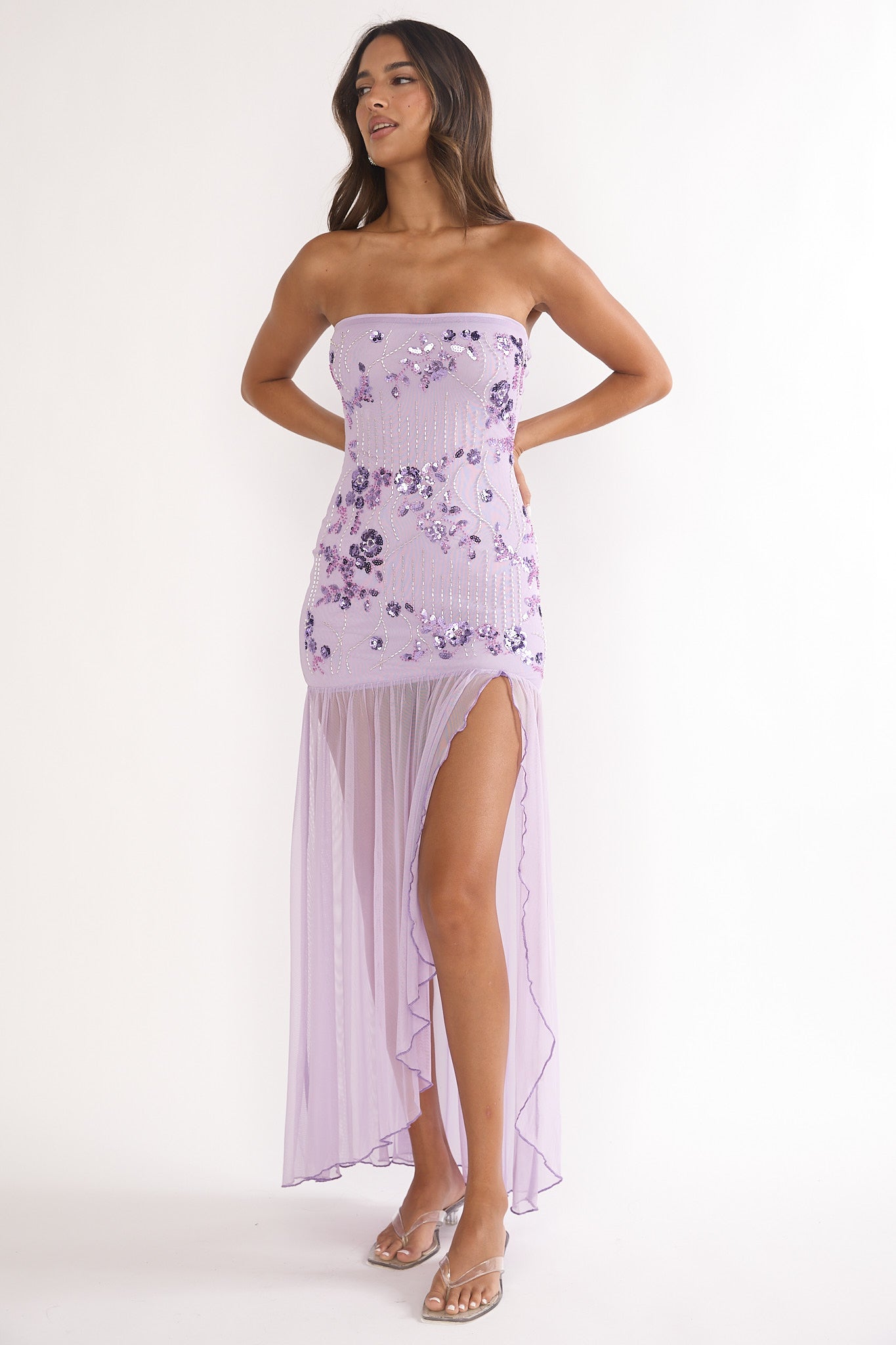 Jezra Strapless Sequin Embellished Maxi Dress Purple by Selfie Leslie