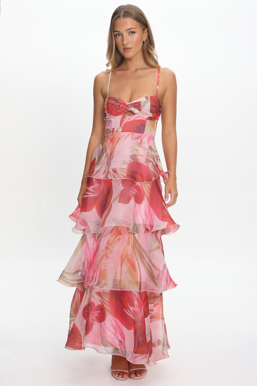 Varenna Layered Sweetheart Neckline Maxi Dress Print Red by Selfie Leslie