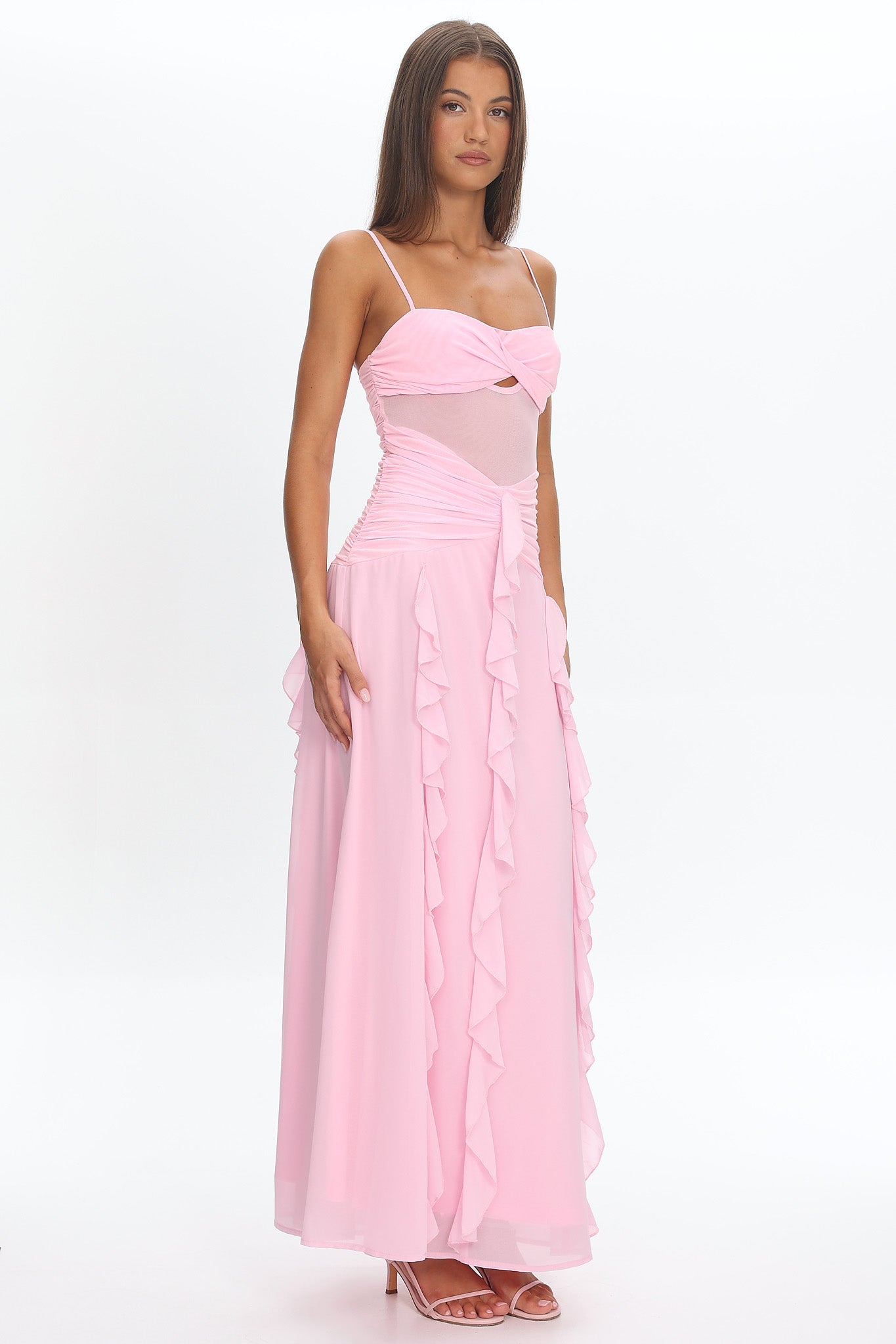 Janella Twist Bust Ruffle Maxi Dress Pink | Selfie Leslie