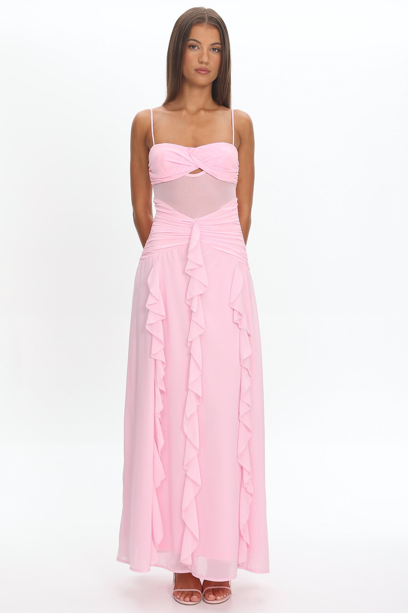 Janella Twist Bust Ruffle Maxi Dress Pink | Selfie Leslie