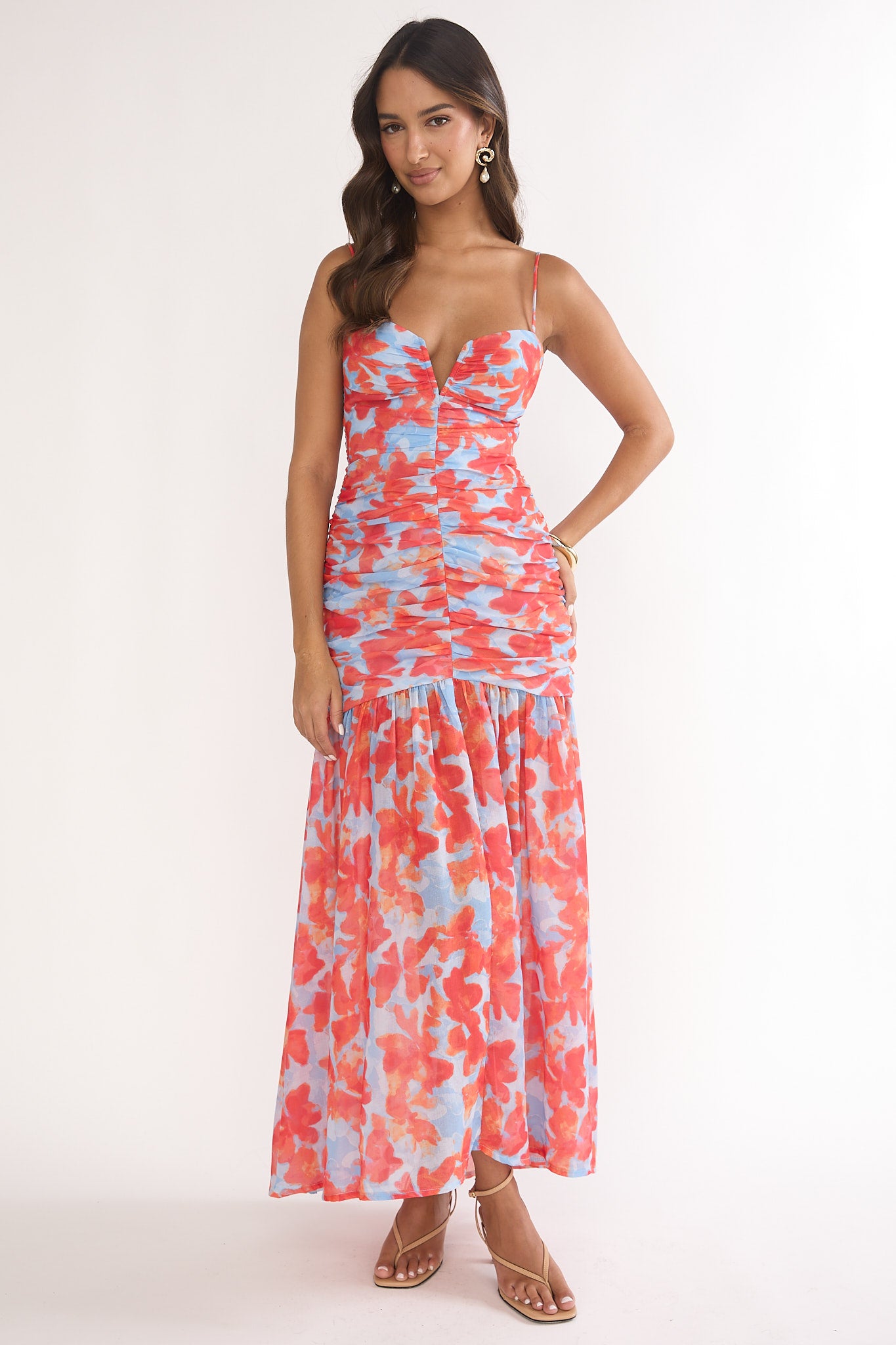 Harbor Ruched Maxi Dress Floral Blue Multi by Selfie Leslie