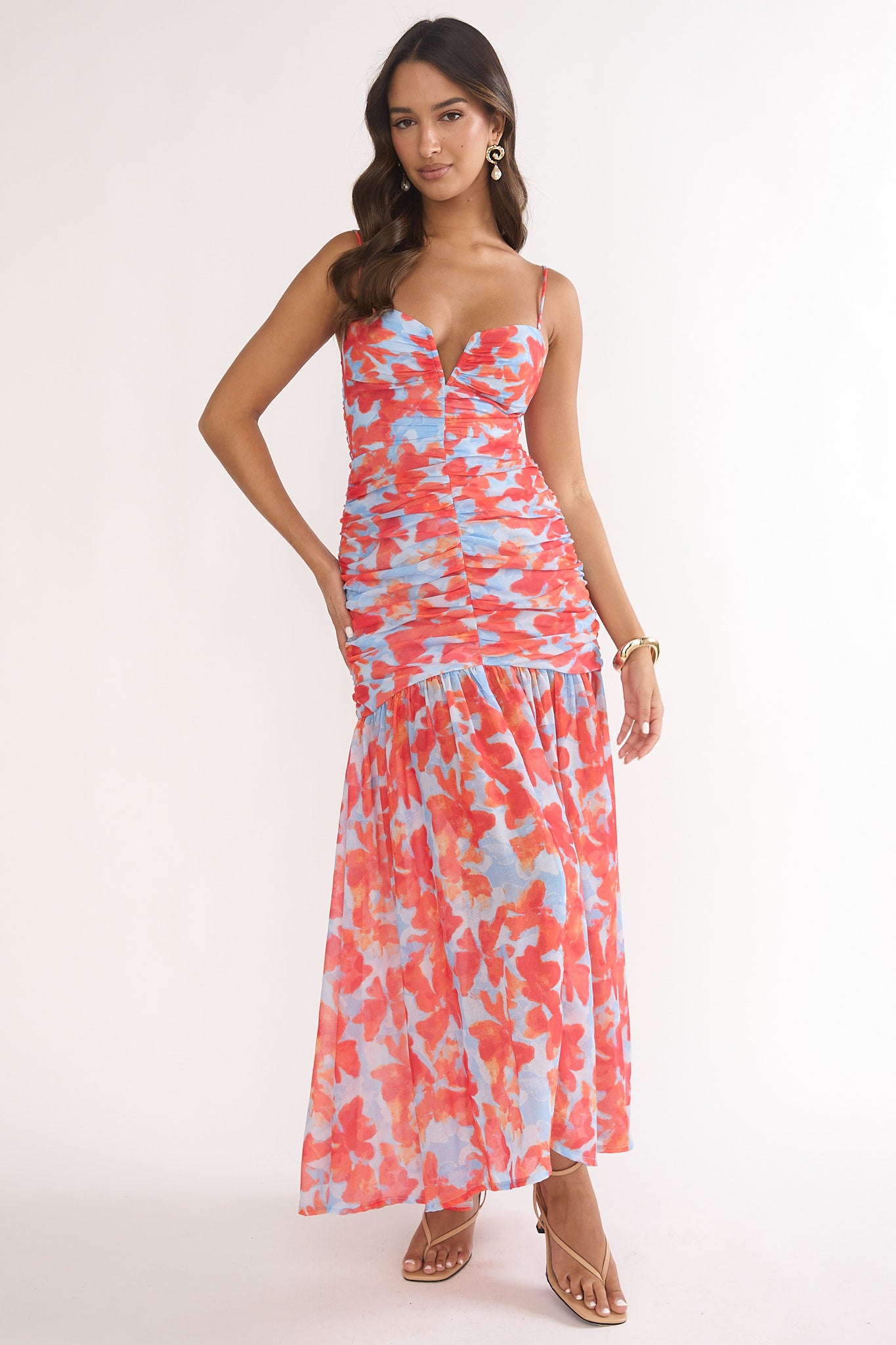 Harbor Ruched Maxi Dress Floral Blue Multi by Selfie Leslie