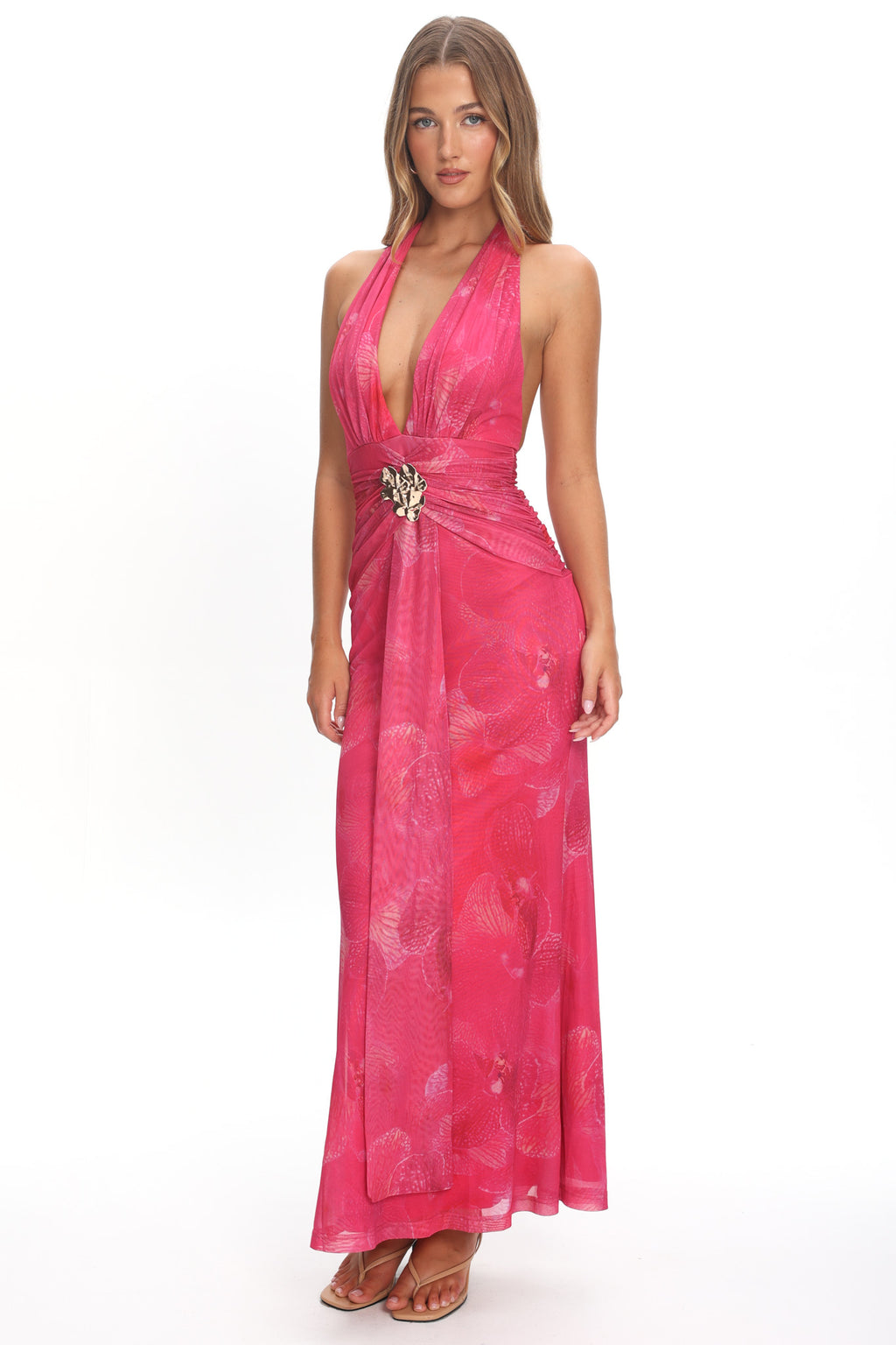 Shanna Plunging Halterneck Maxi Dress Fuchsia by Selfie Leslie