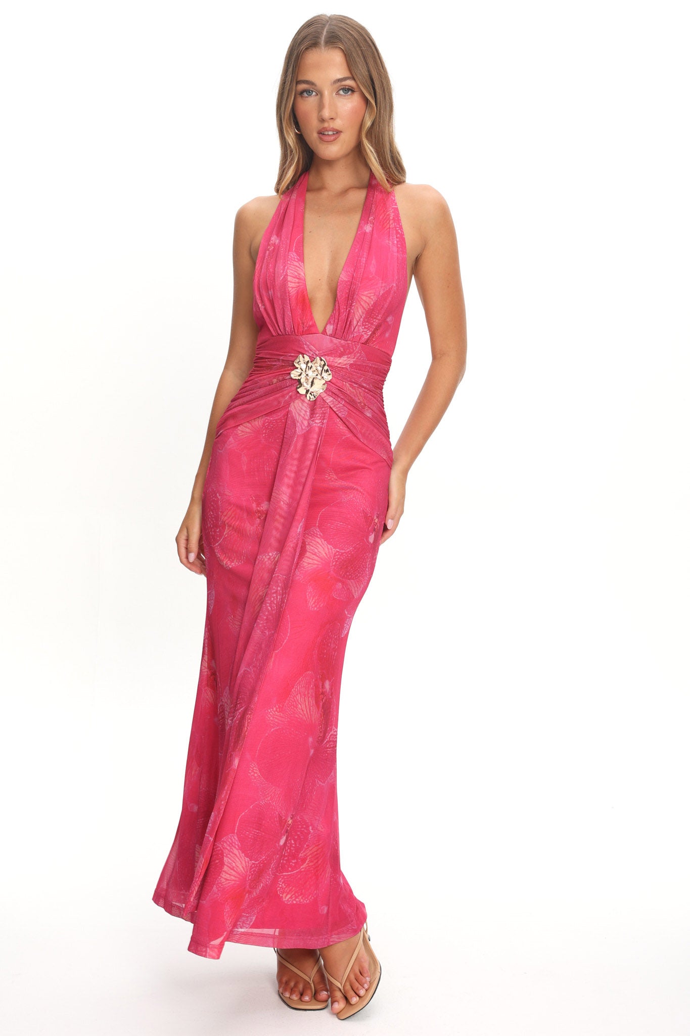 Shanna Plunging Halterneck Maxi Dress Fuchsia by Selfie Leslie