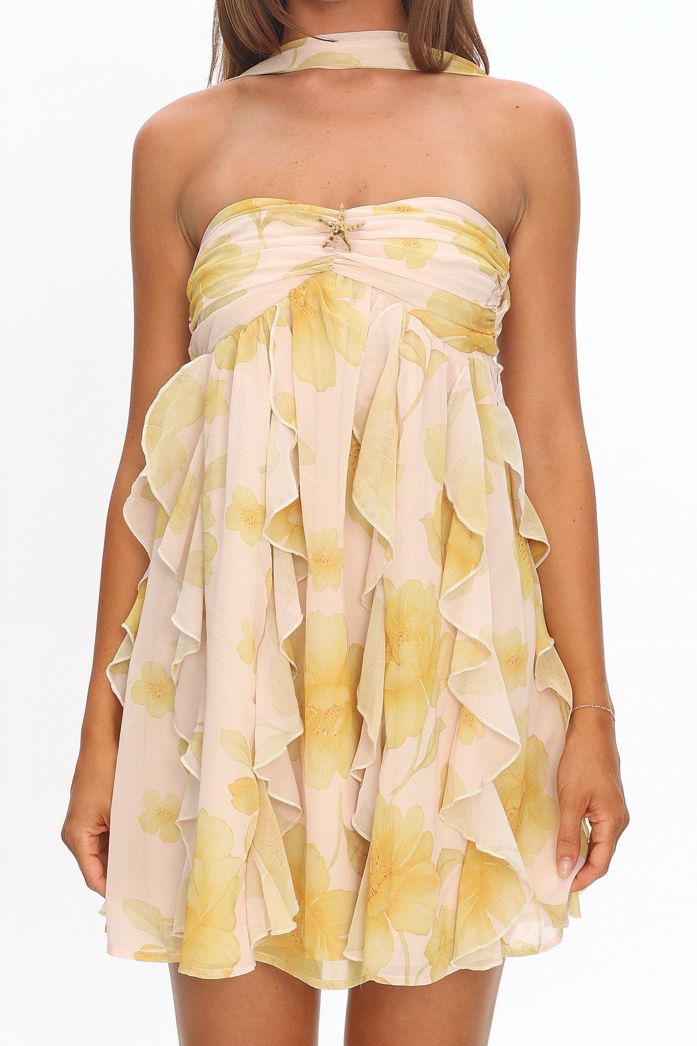 floral ruffle halter mini dress Watercolor Floral Ruffle Halter Mini Dress