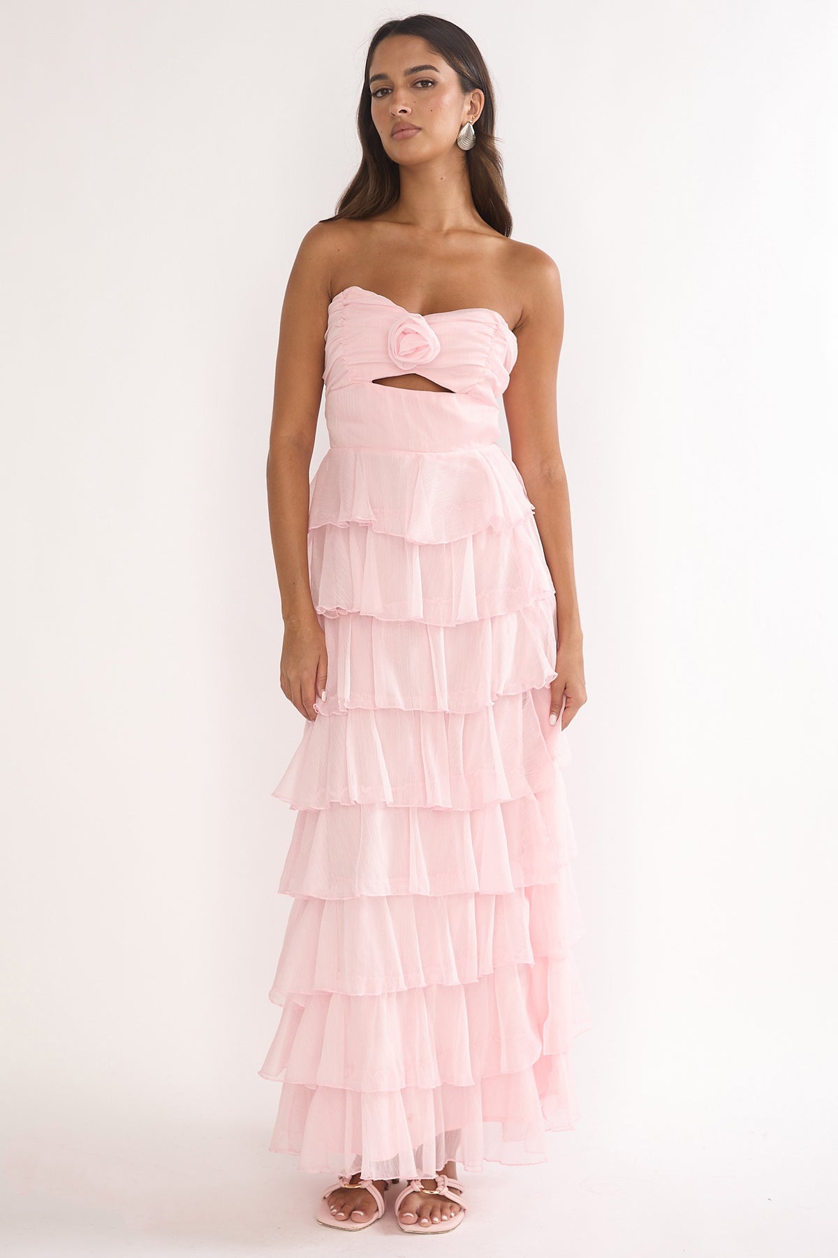 selfie leslie bridesmaid dresses Janelia Layered Frill Maxi Dress Pink 58 Bust Size:Tall M foa-east Rare London satin bandeau