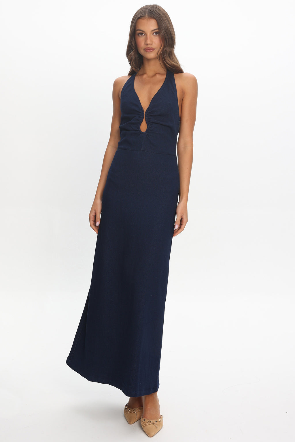 Lioren Plunge Halter Maxi Dress Indigo