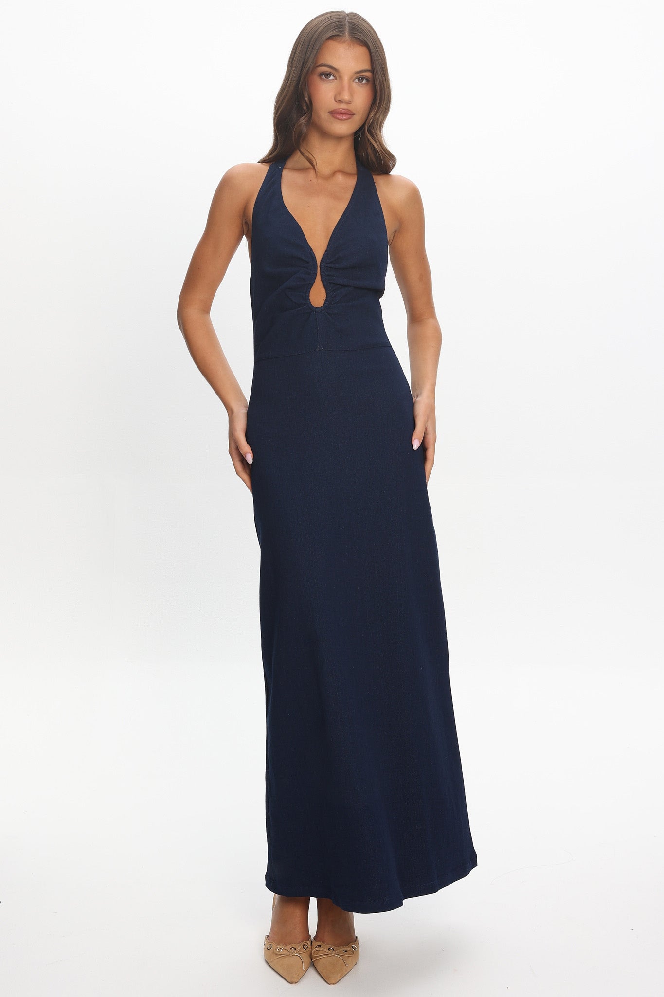 Lioren Plunge Halter Maxi Dress Indigo
