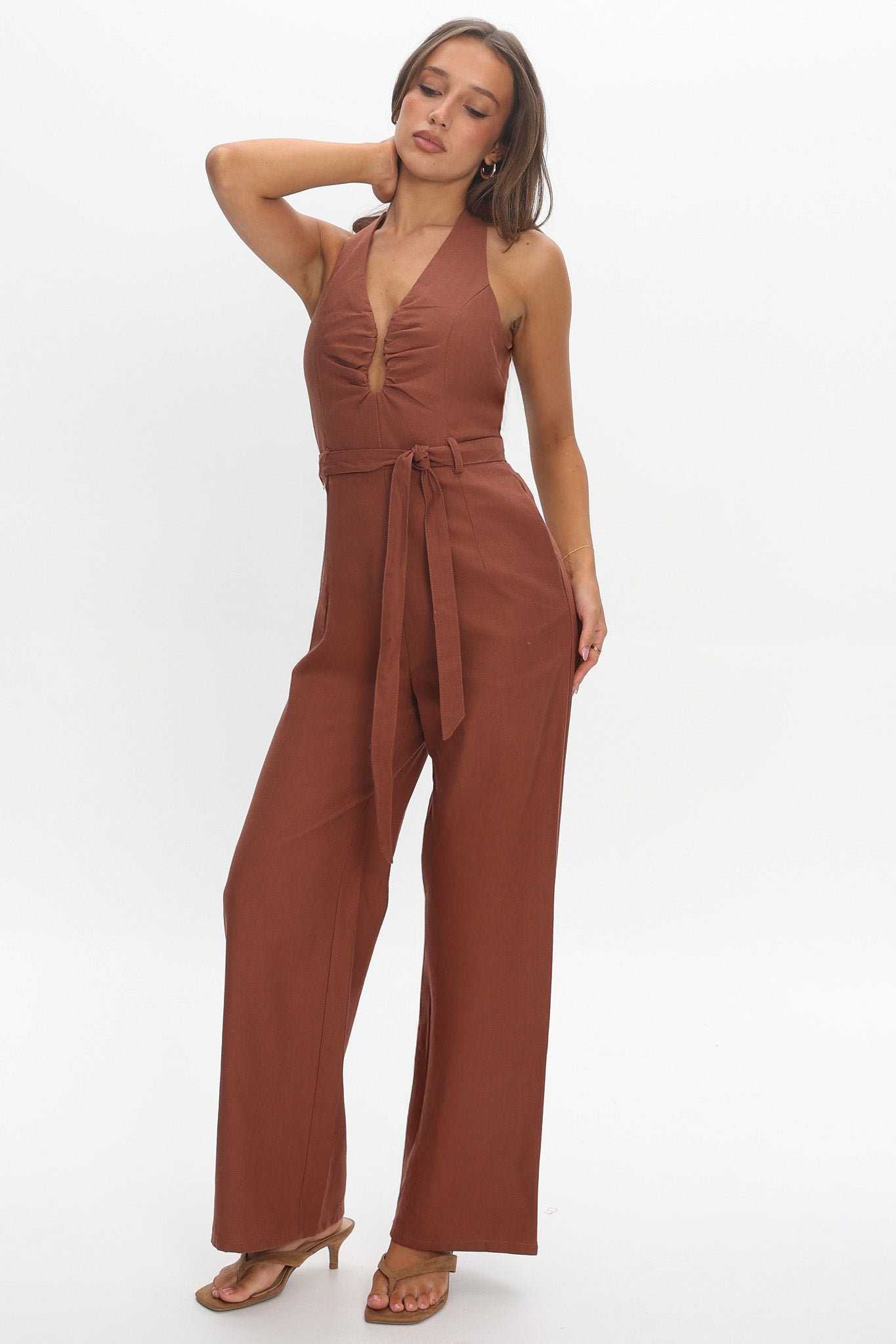 Lioren Plunging Halterneck Jumpsuit Chocolate
