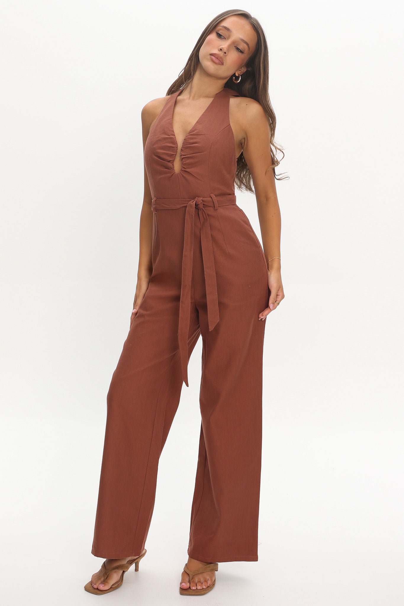 Lioren Plunging Halterneck Jumpsuit Chocolate