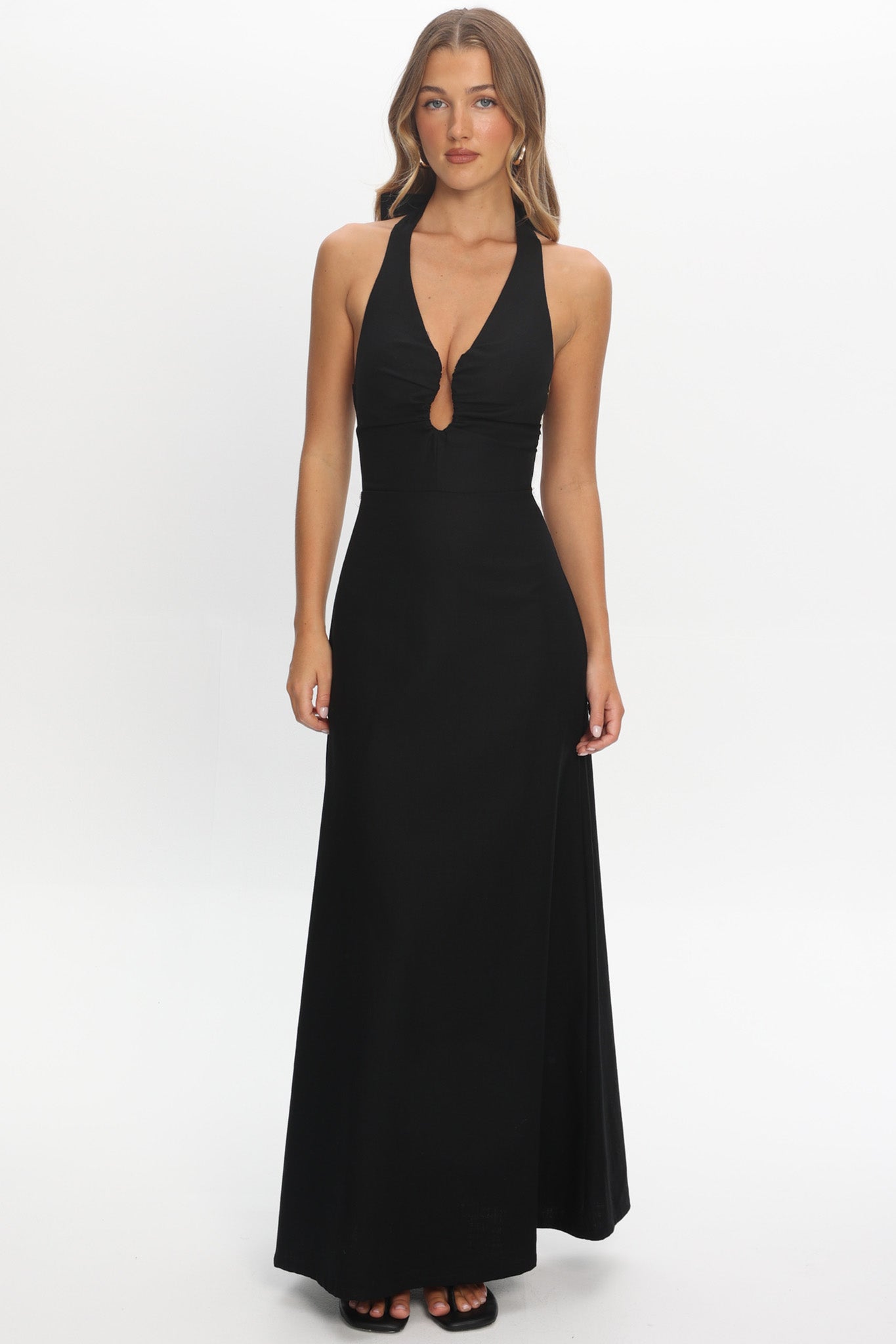 Lioren Plunging Halterneck Maxi Dress Black | Selfie Leslie