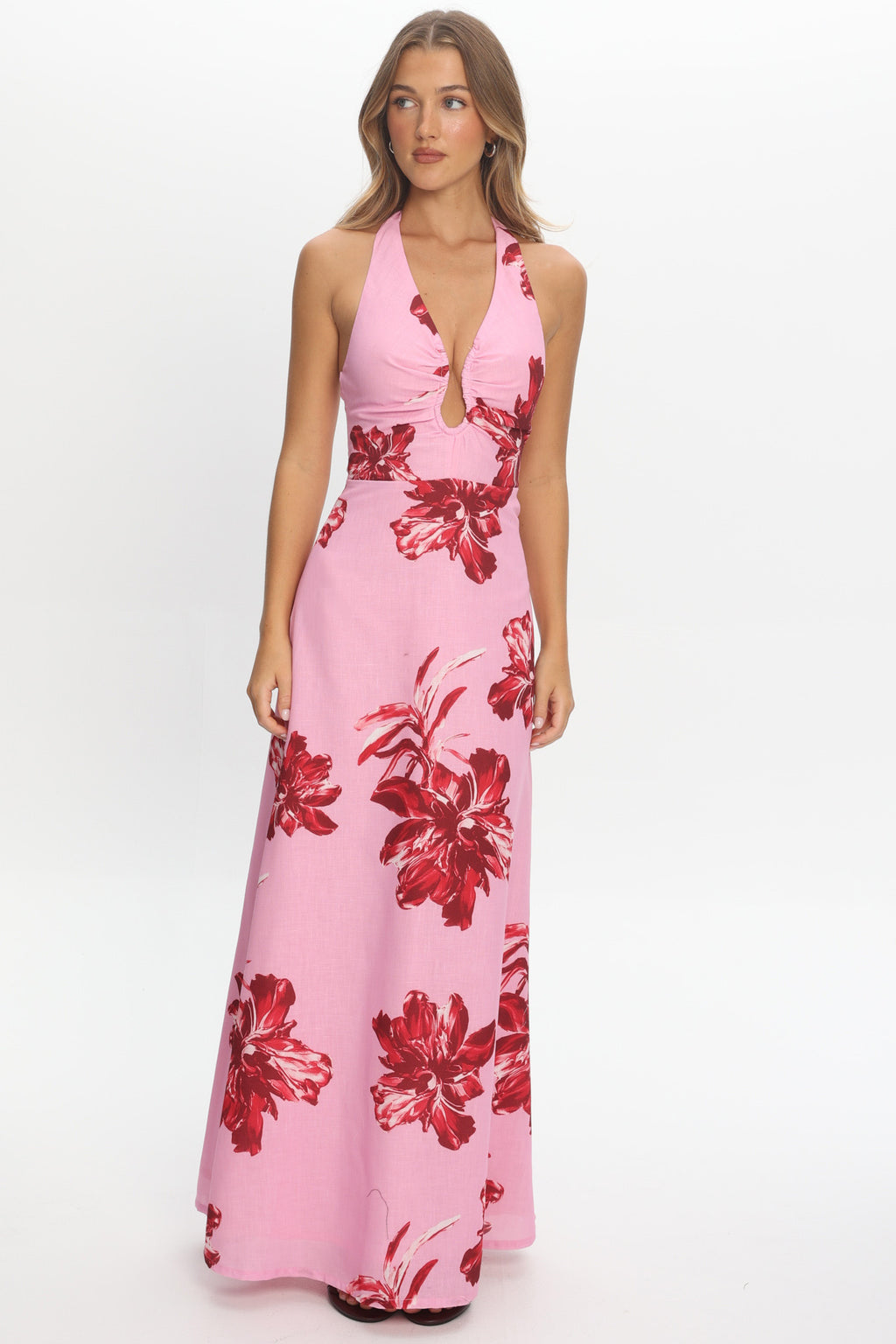 Lioren Plunging Halterneck Maxi Dress Floral Pink