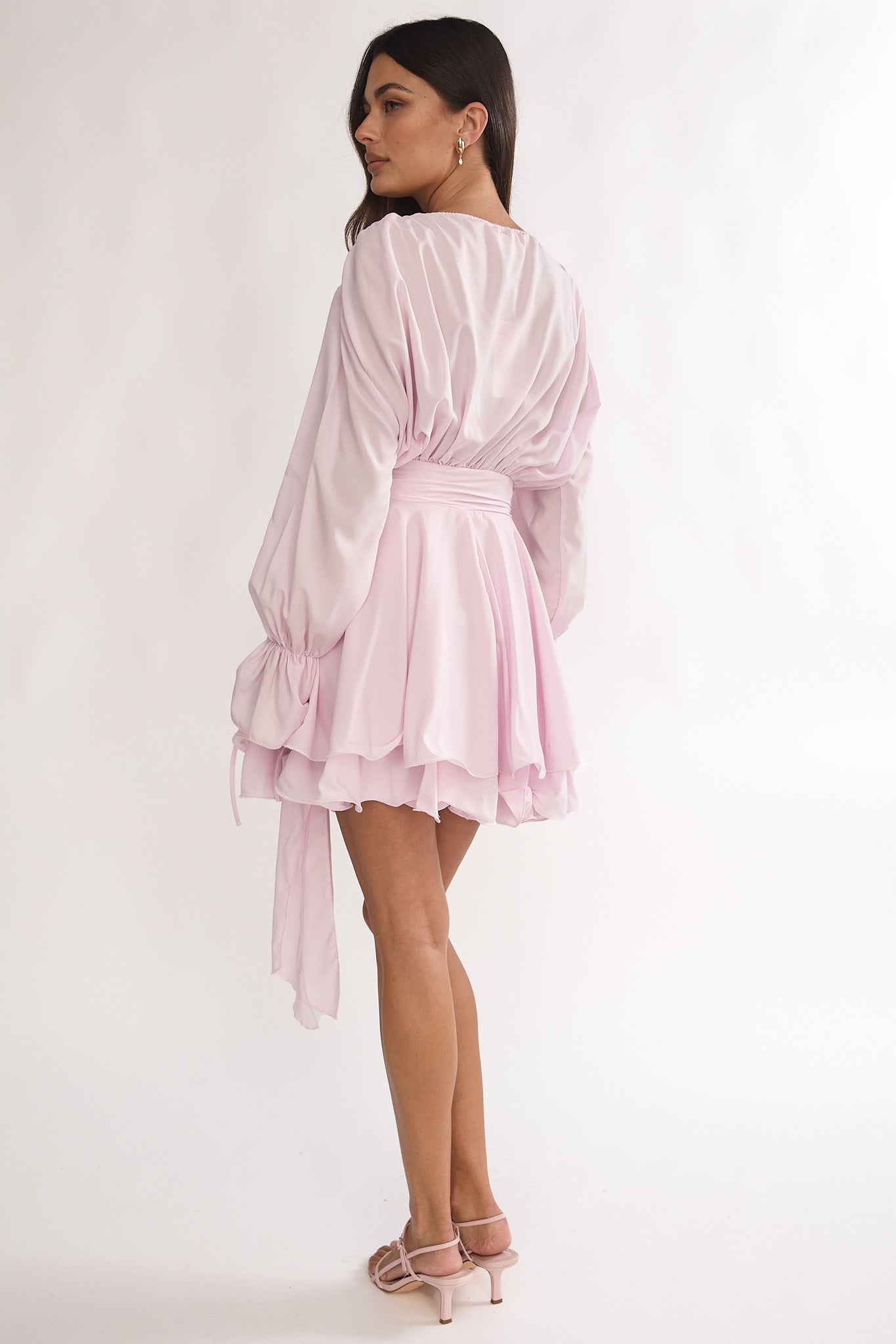 pink mini dress long sleeve Maeva Long Balloon Sleeve Rosette Mini Dress Baby Pink