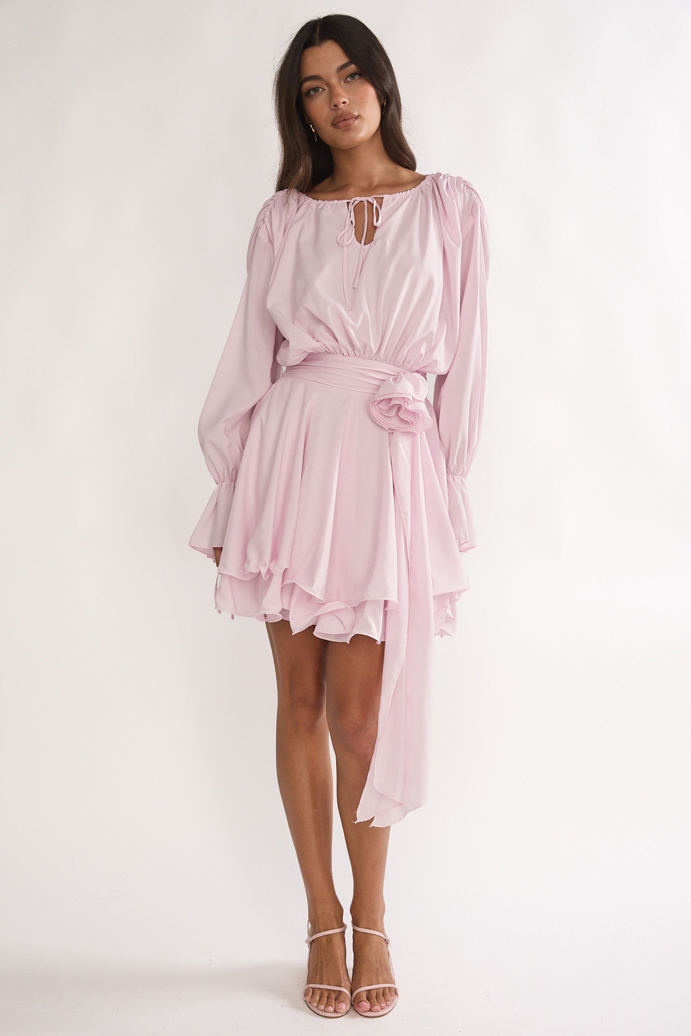 light pink dress with long sleeves Maeva Long Balloon Sleeve Rosette Mini Dress Baby Pink