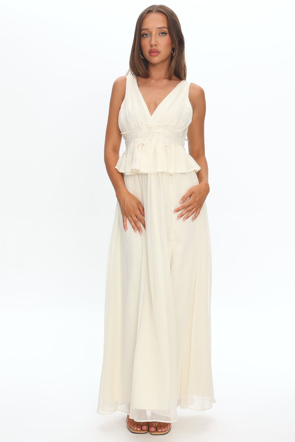 Lusia Peplum Applique Waist Maxi Dress White by Selfie Leslie