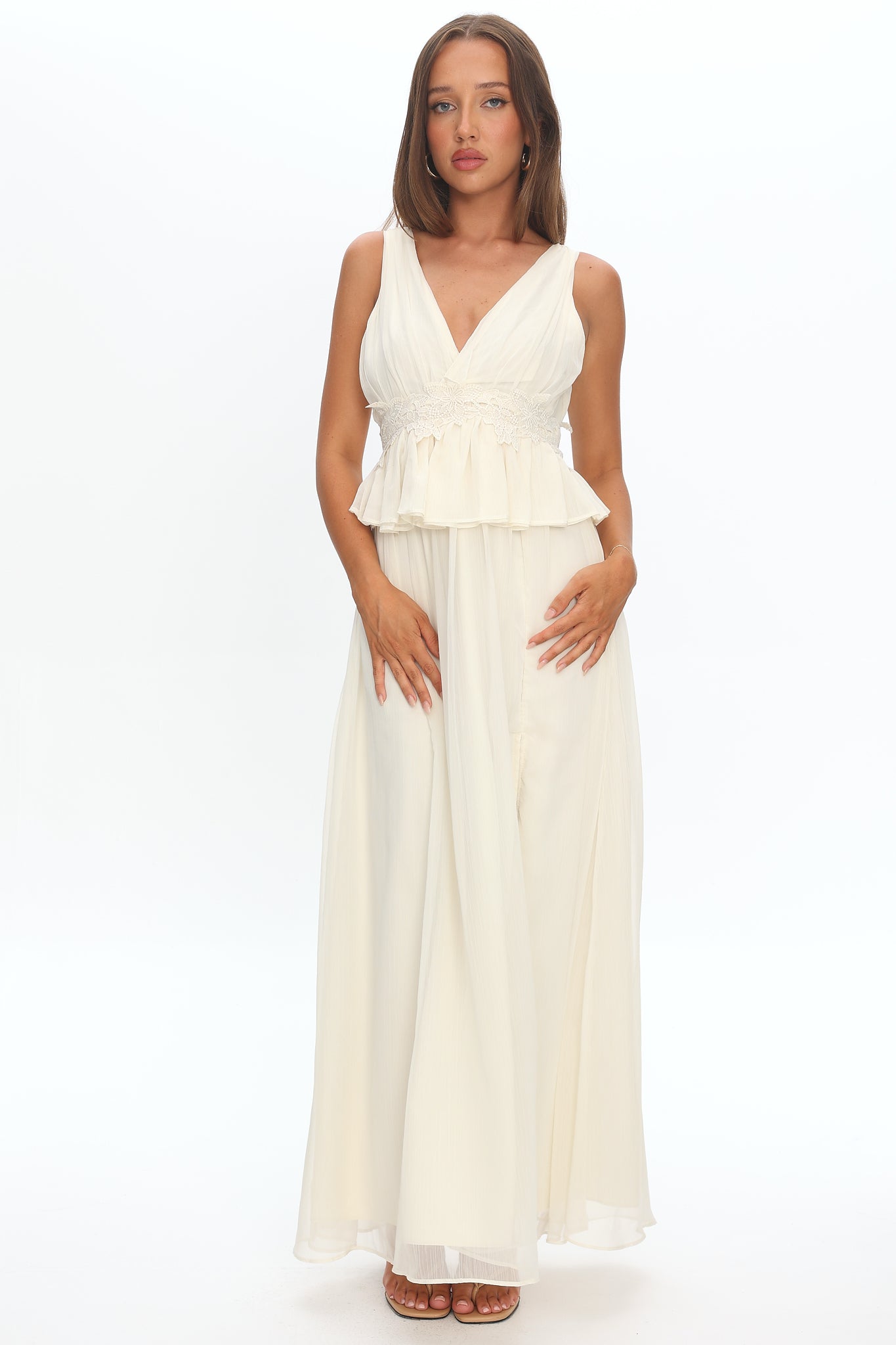 Lusia Peplum Applique Waist Maxi Dress White by Selfie Leslie