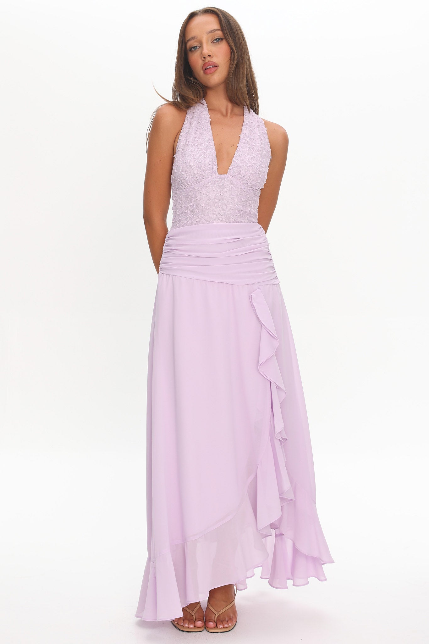 lilac halter neck bridesmaid dress Rhoda | Lilac Twist Halter-Neck Cape Maxi Dress
