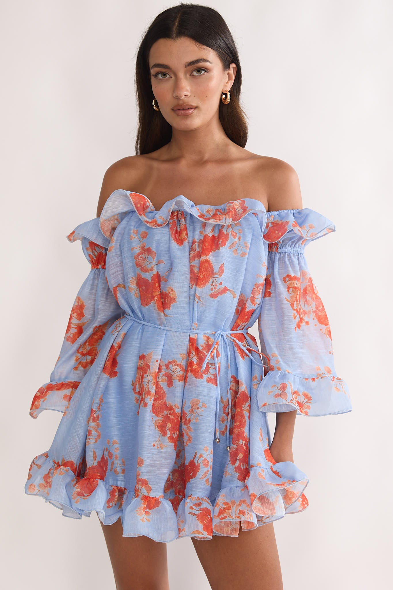 off shoulder mini dress floral Telora Off-Shoulder Ruffle Blue LIBAS ART shoulder design String tie Brown Wedding Guest Dresses Color:PLATINO