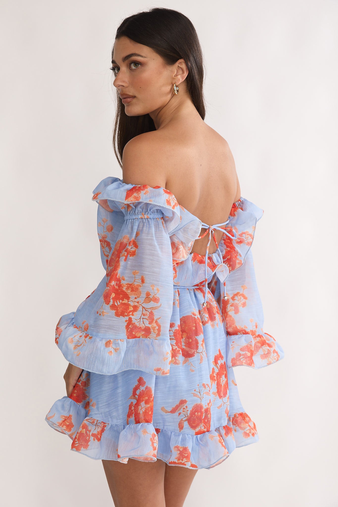 Telora Off-Shoulder Ruffle Mini Dress Floral Blue | Selfie Leslie