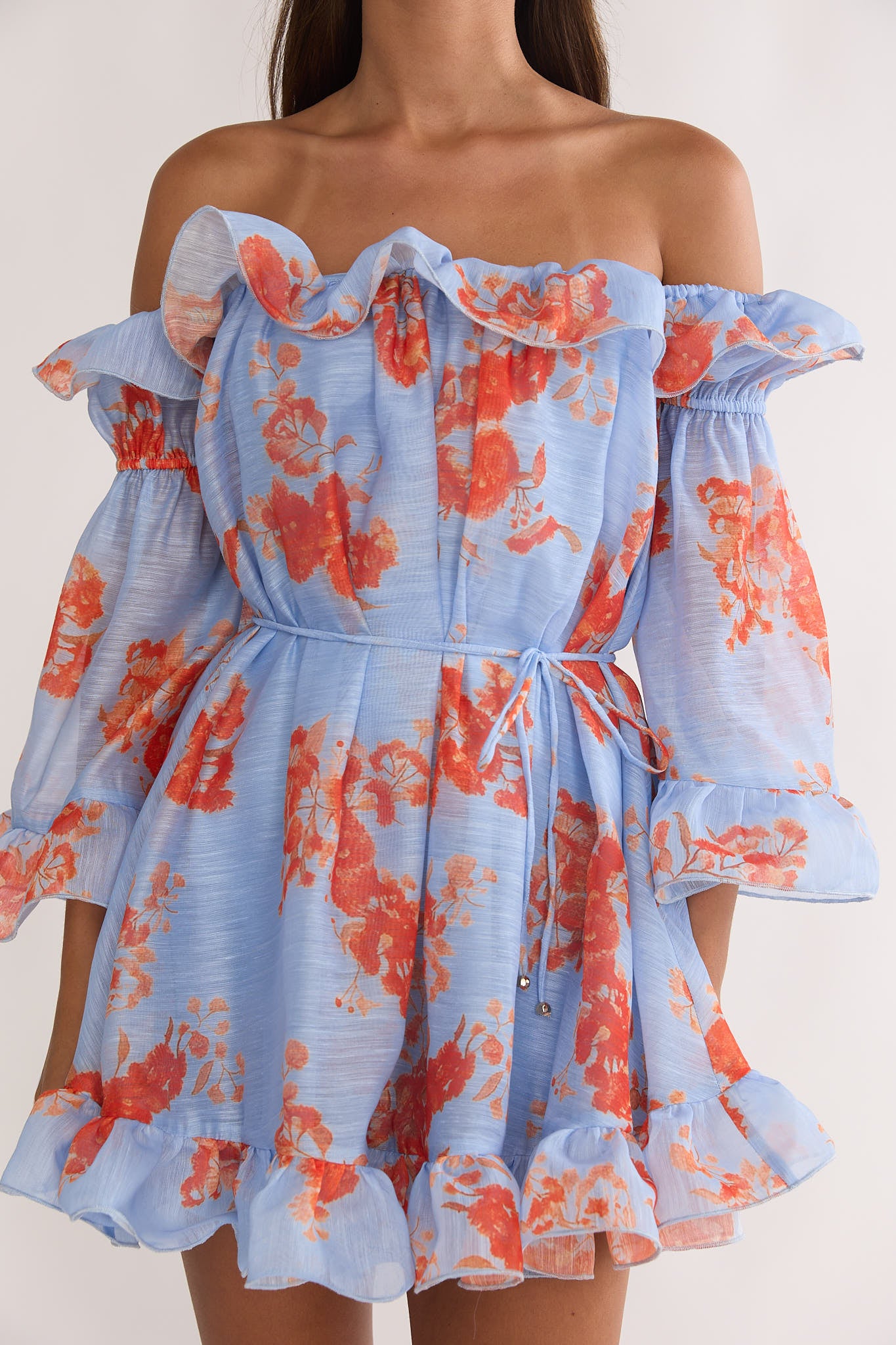Telora Off-Shoulder Ruffle Mini Dress Floral Blue | Selfie Leslie