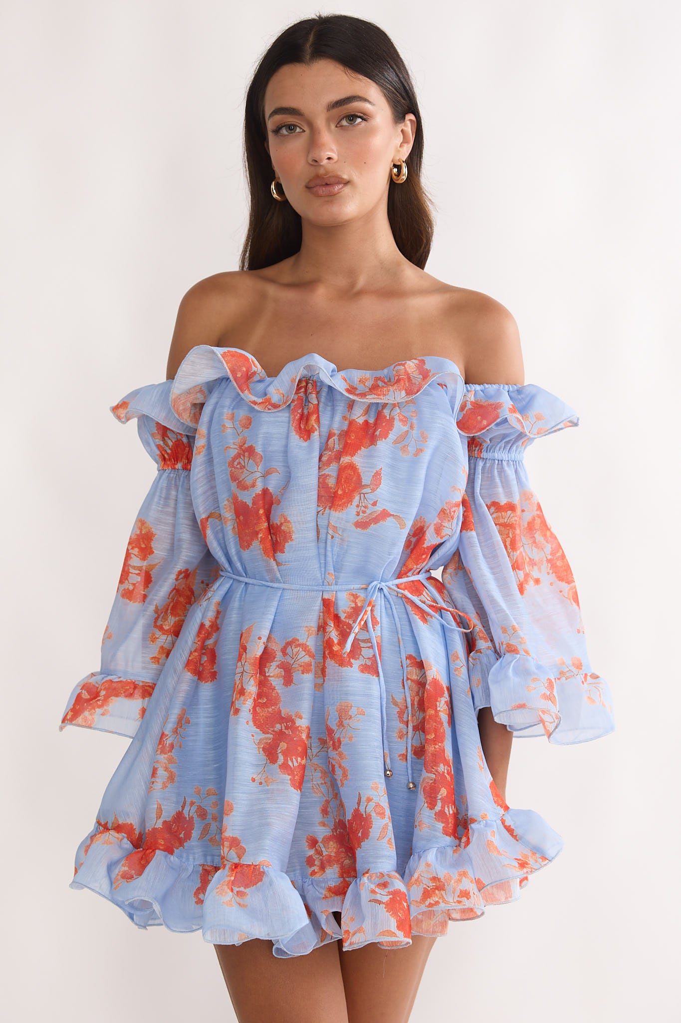 Telora Off-Shoulder Ruffle Mini Dress Floral Blue