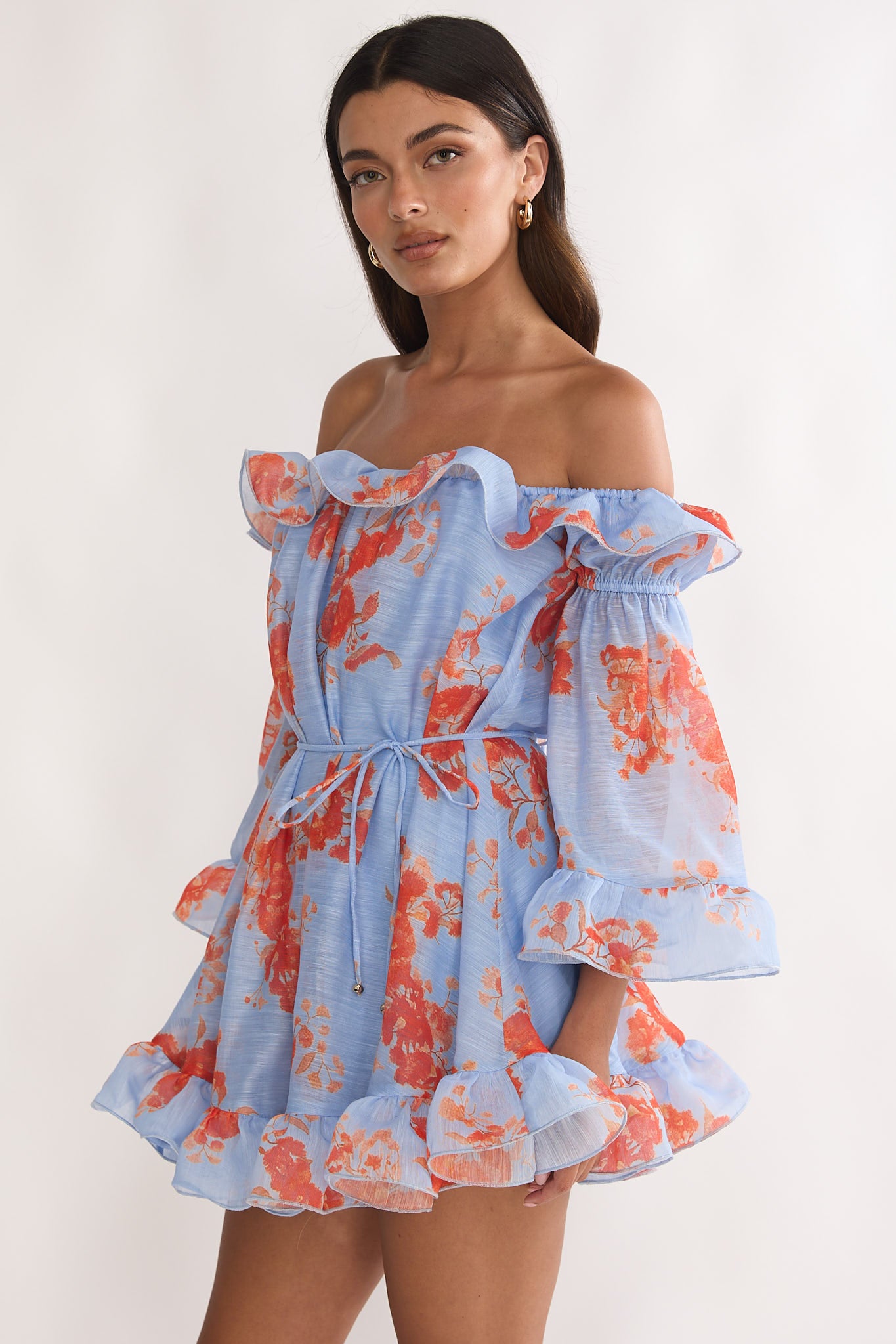 Telora Off-Shoulder Ruffle Mini Dress Floral Blue