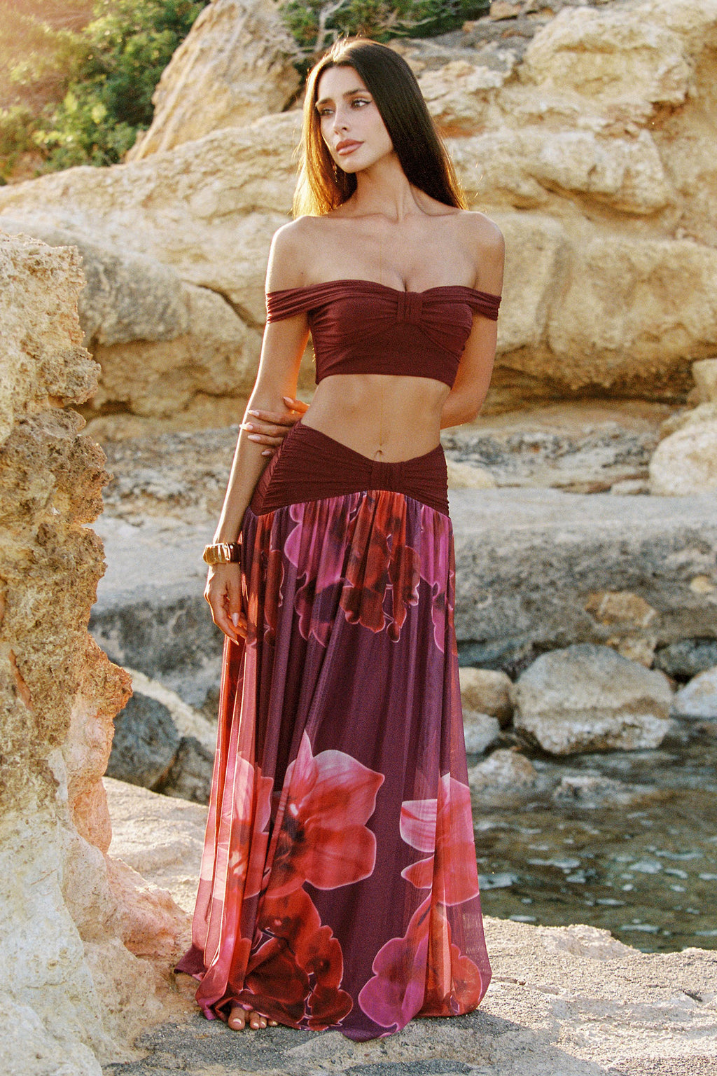 Farela Ruched Waist Maxi Skirt Fuchsia