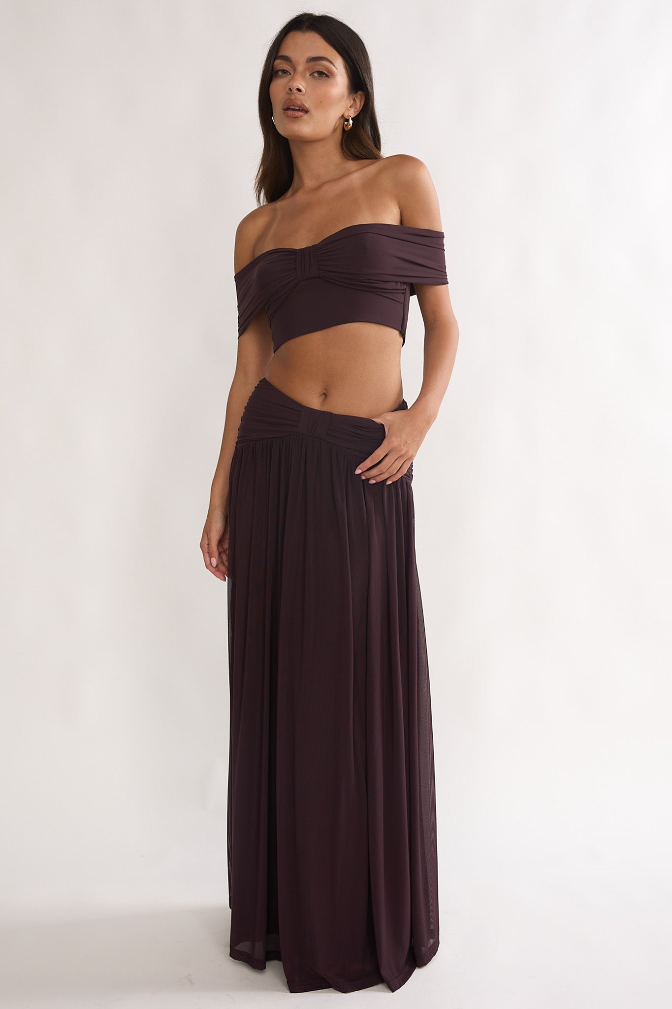 Farela Ruched Waist Maxi Skirt Coffee by Selfie Leslie
