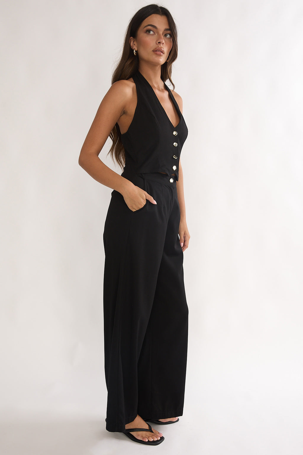 Ambrin Halterneck Button Jumpsuit Black by Selfie Leslie