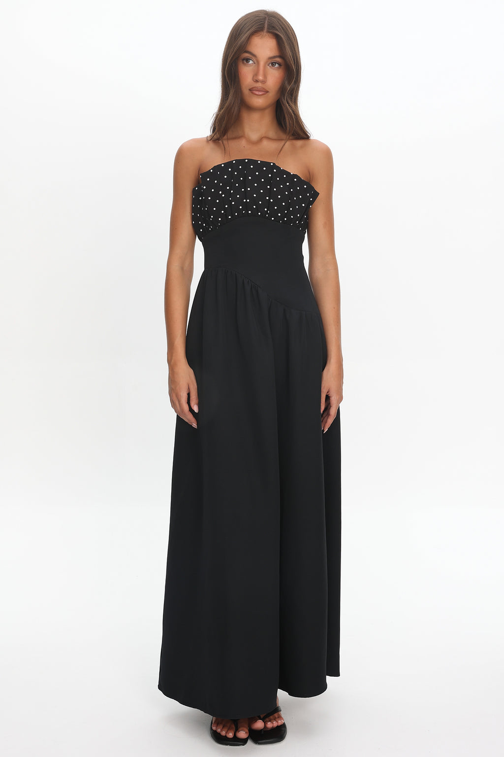 black high neck asymmetric embroidered trim maxi dress Women's Black Woven Asymmetric Pleated Maxi Dress