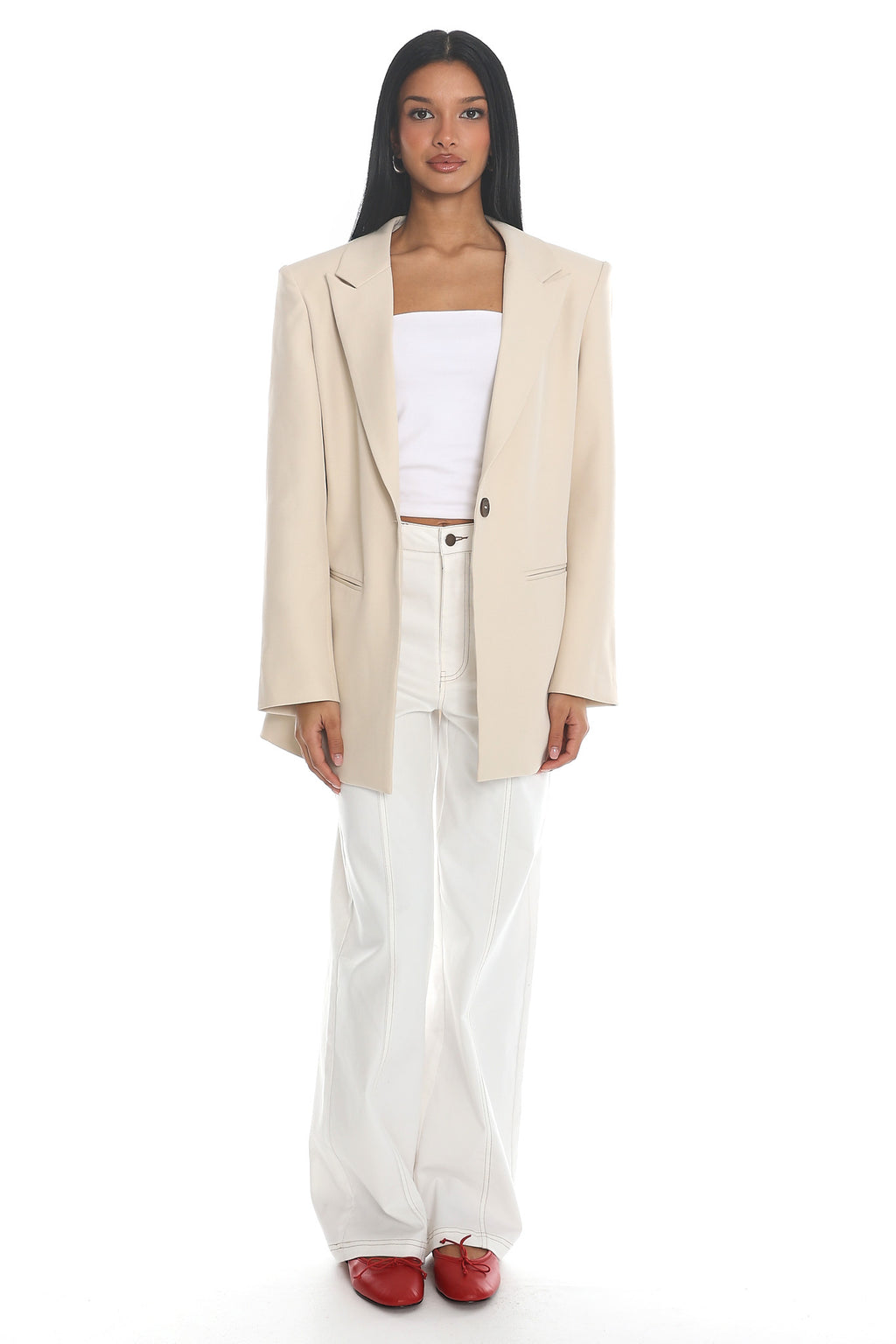 Serana Notch Lapel Oversized Blazer Beige by Selfie Leslie