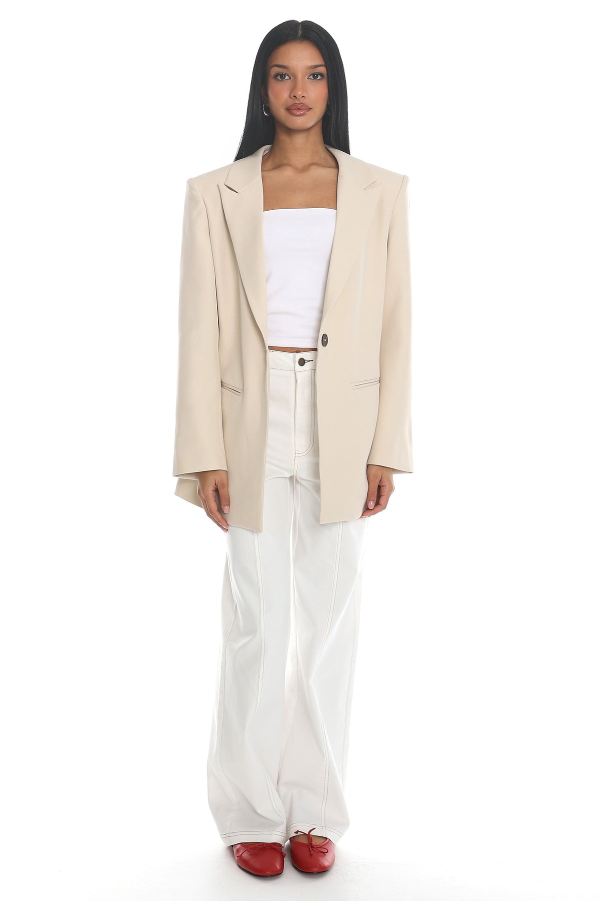 Serana Notch Lapel Oversized Blazer Beige by Selfie Leslie