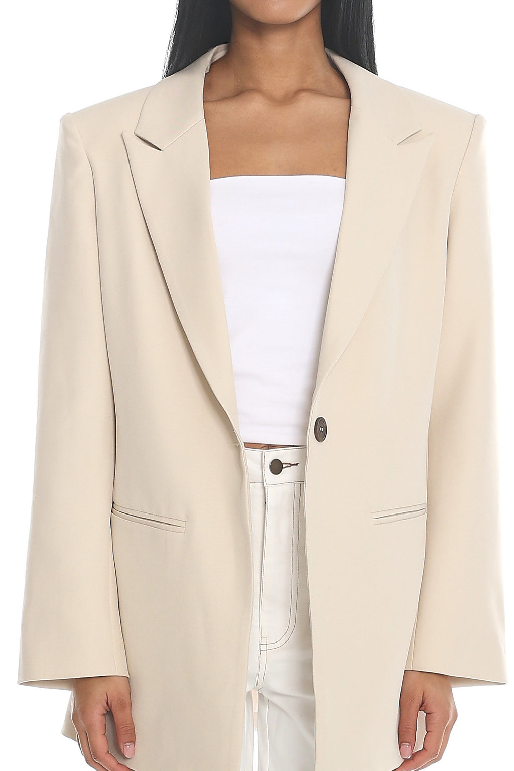 Serana Notch Lapel Oversized Blazer Beige by Selfie Leslie