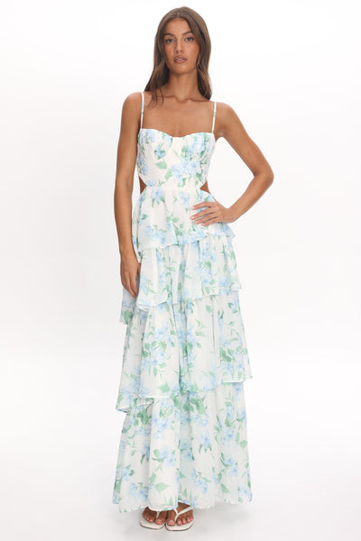Vianne Tiered Cut-Out Maxi Dress Floral Blue | Selfie Leslie