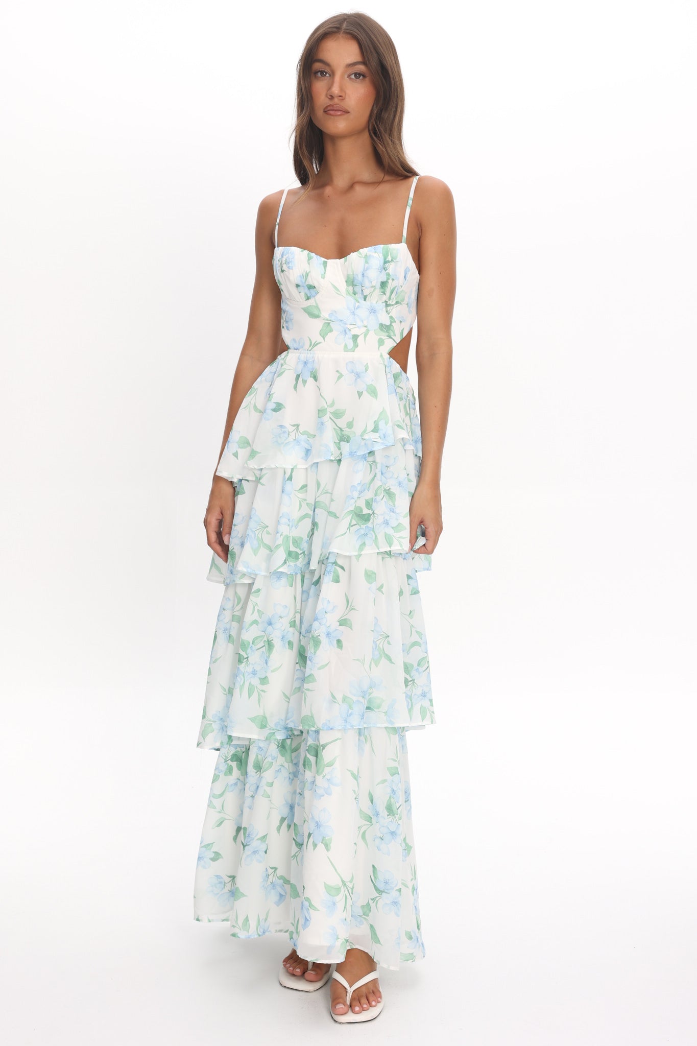Vianne Tiered Cut-Out Maxi Dress Floral Blue - M