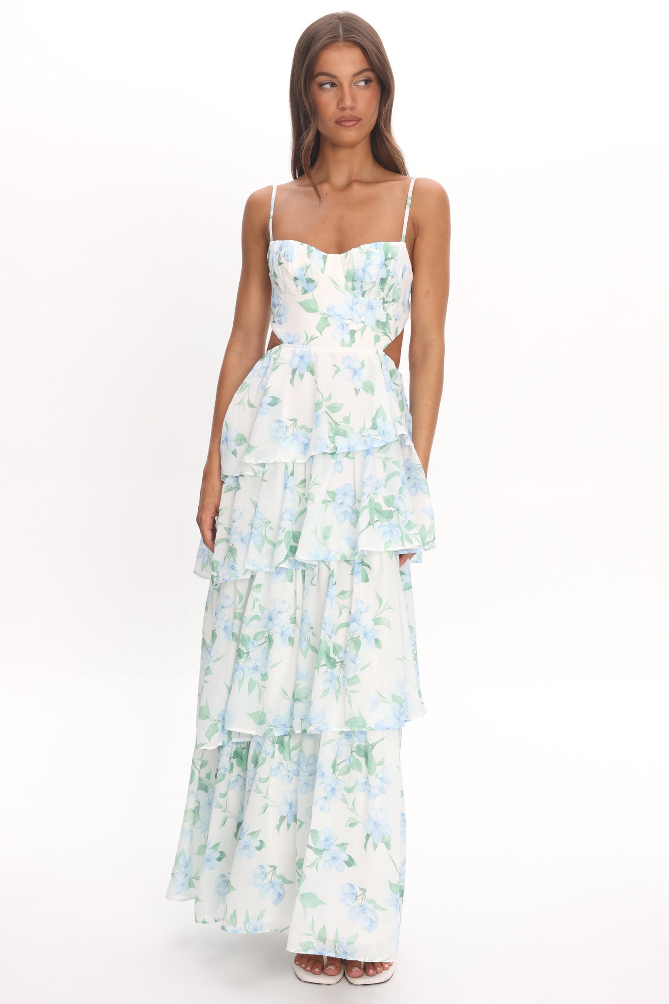 Vianne Tiered Cut-Out Maxi Dress Floral Blue | Selfie Leslie