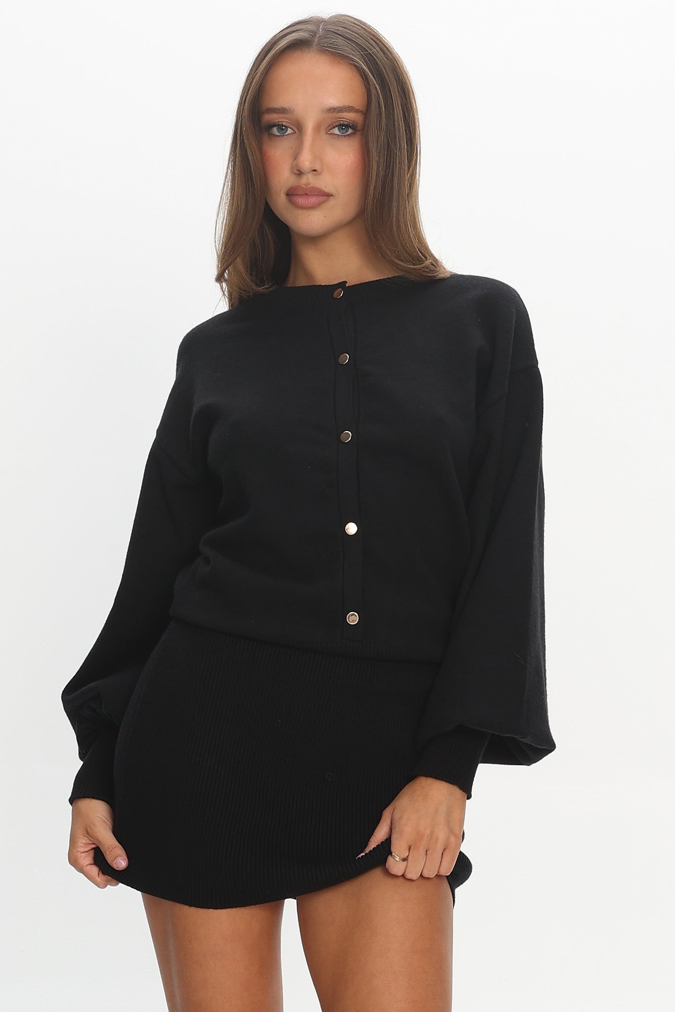 Azari Buttoned Knit Mini Dress Black | Selfie Leslie
