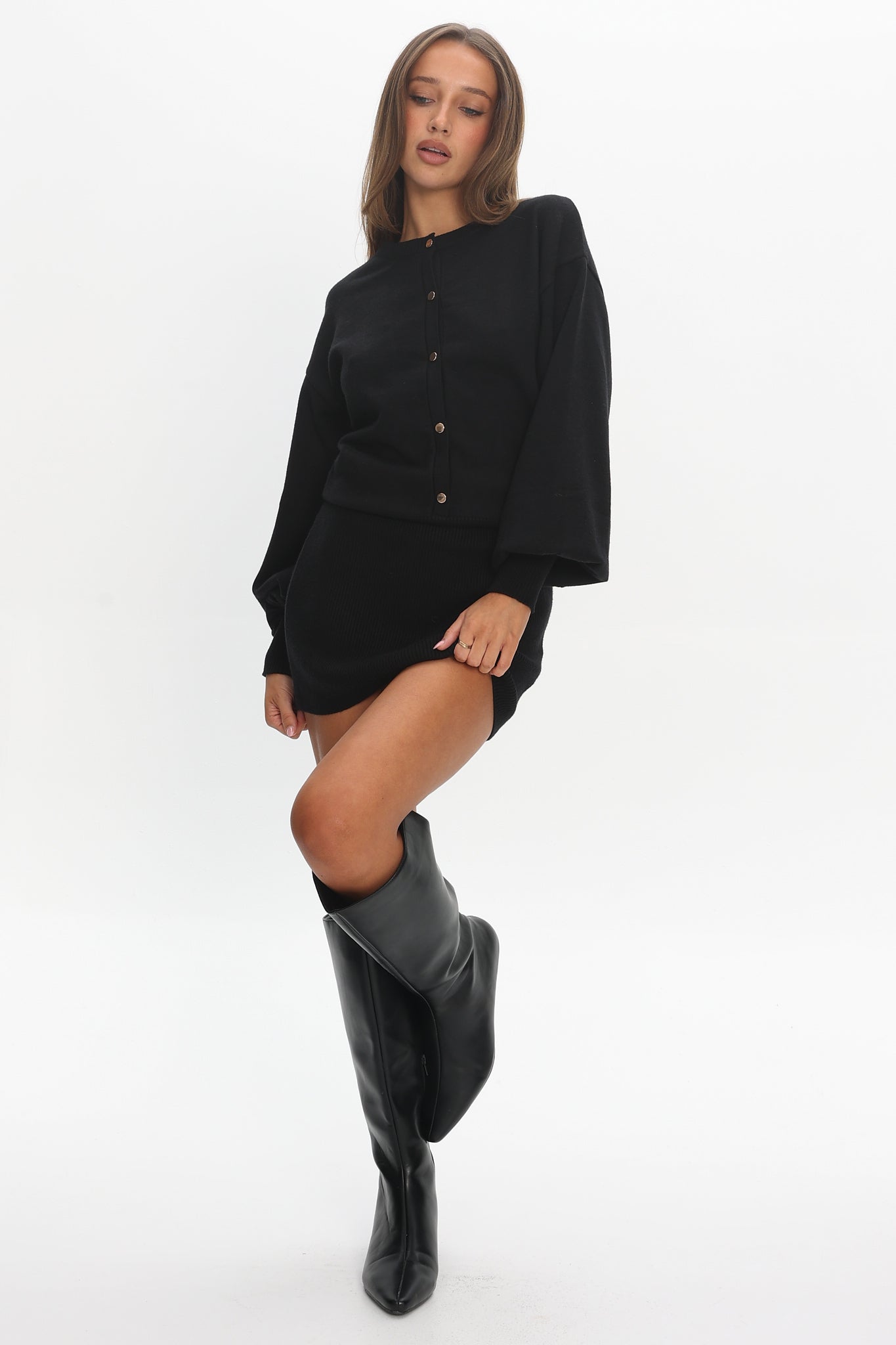 Azari Buttoned Knit Mini Dress Black | Selfie Leslie
