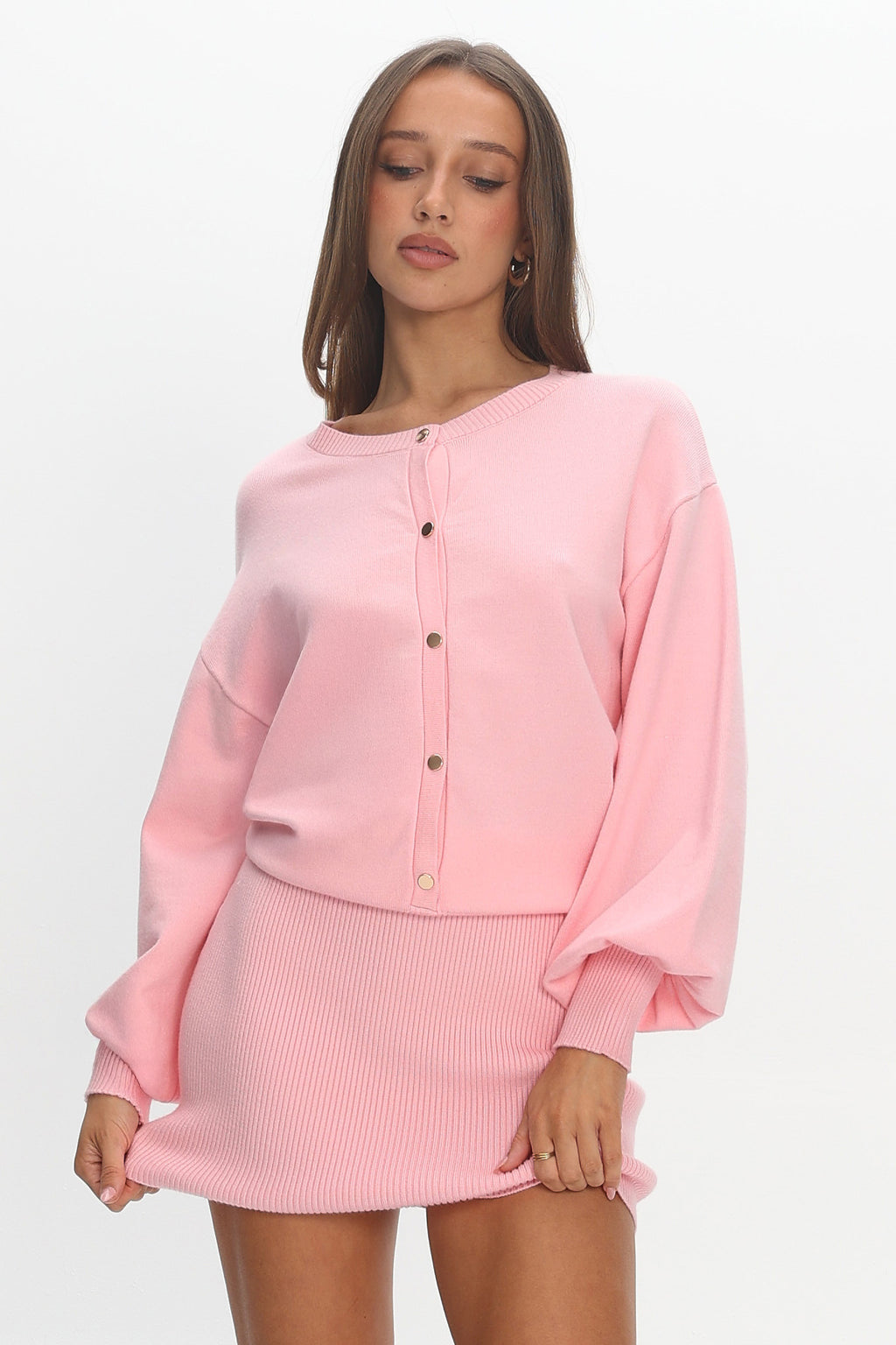 Azari Buttoned Knit Mini Dress Dusty Pink