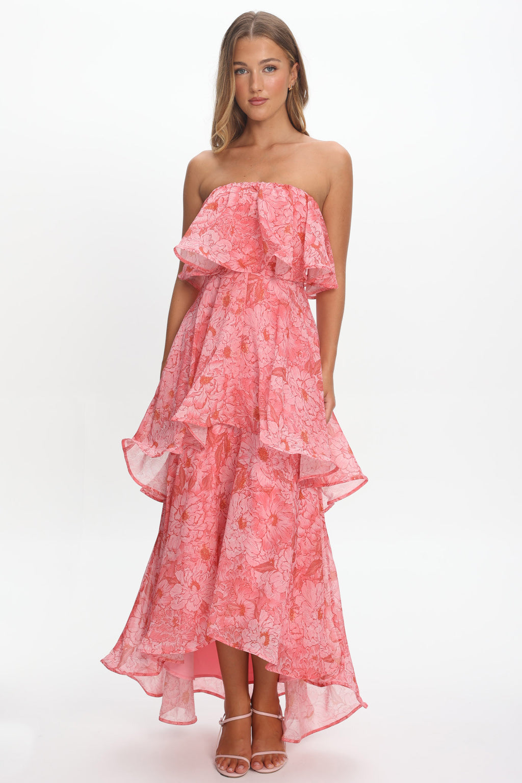selfie leslie pink strapless dress South Pacific Strapless Strappy Back Midi Length Floral Pink