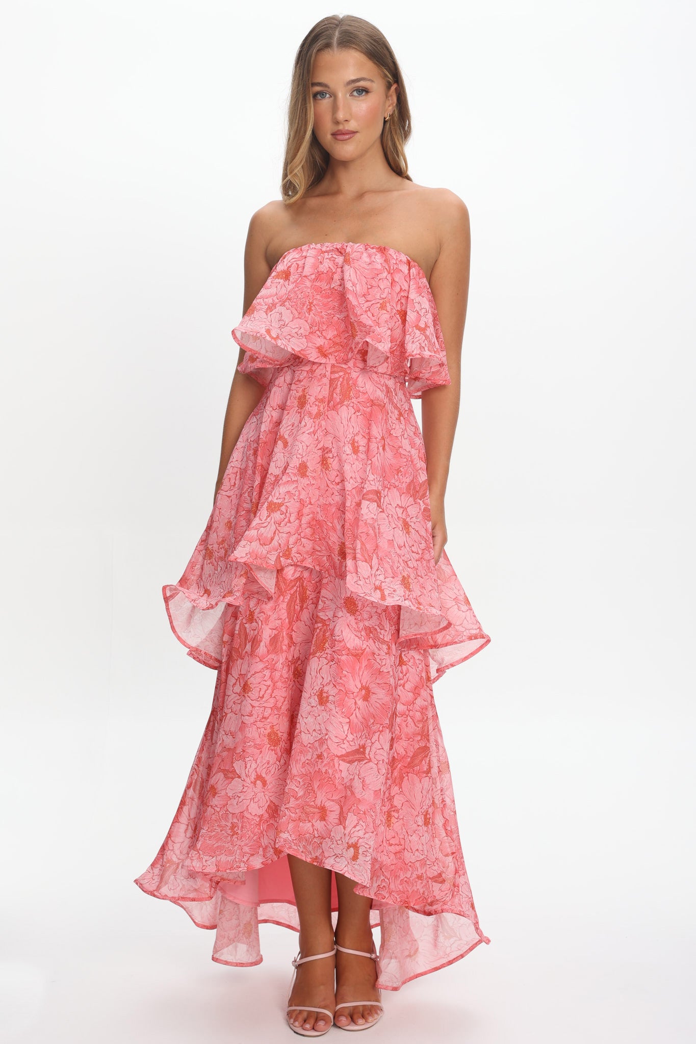 Honfleur Strapless Layered Maxi Dress Print Pink by Selfie Leslie
